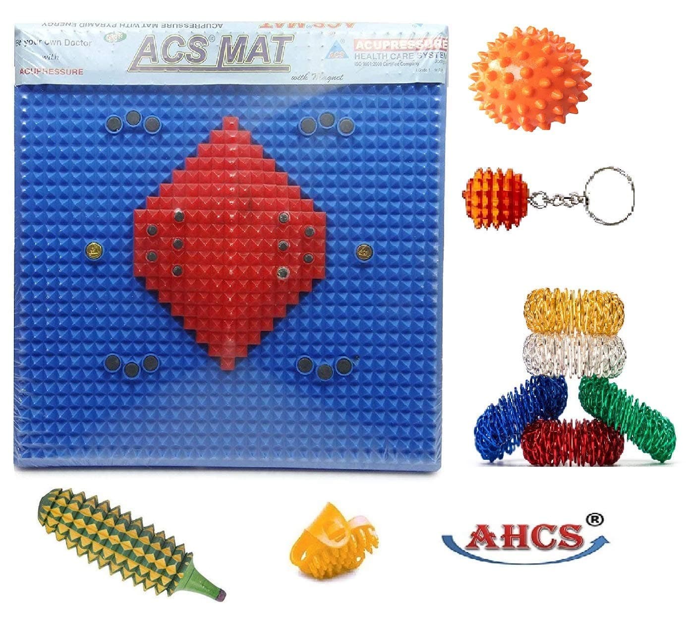 ACS Acupressure matt Reflexology Magnetic Pyramidal Therapy Foot Mat Roller Tools Combo Kit for Stress and Pain Relief, Multicolor