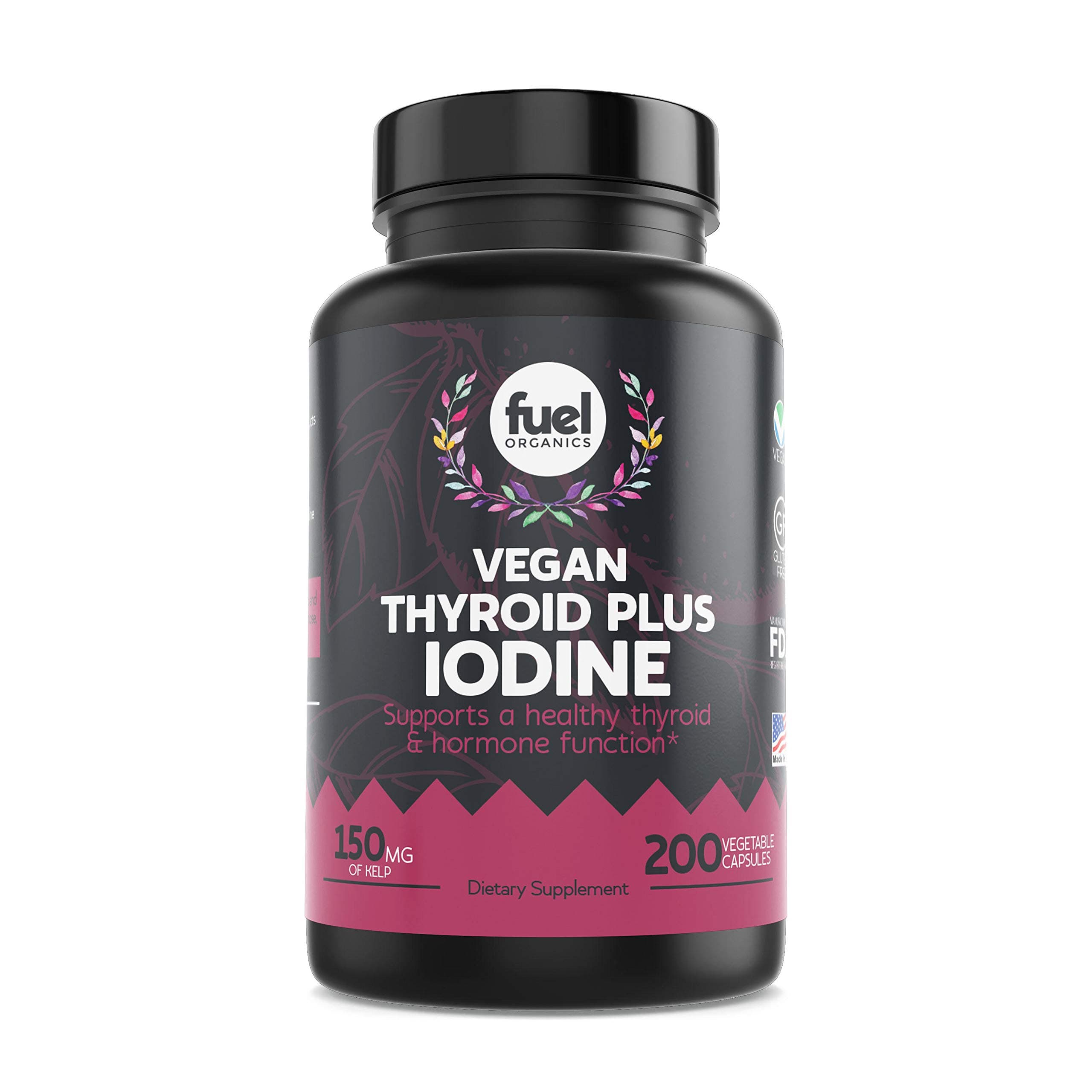 Fuel Organics Vegan Iodine Supplement Solution︱Supplements for Thyroid︱200 Capsules︱150 mcg︱Organic︱Suitable for Adult Men & Women︱Gluten Free, Non-GMO, Plant-Based, Vegetarian