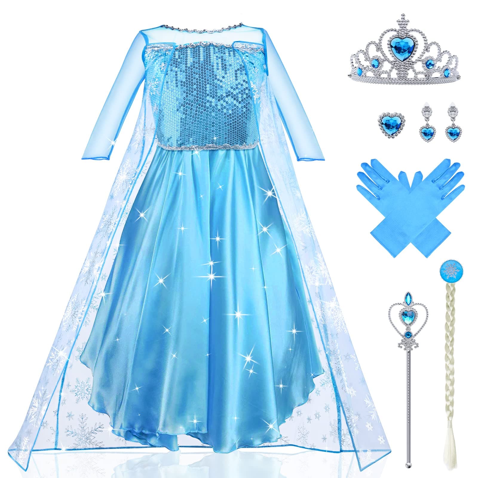 URAQT Princess Costumes for Girls, Snow Queen Princess Dress up, Ice Snow Princess Costume with Fairy Wand and Crown Tiara, Deluxe Girls Fancy Dress for Party Cosplay Bridesmaid Pageant