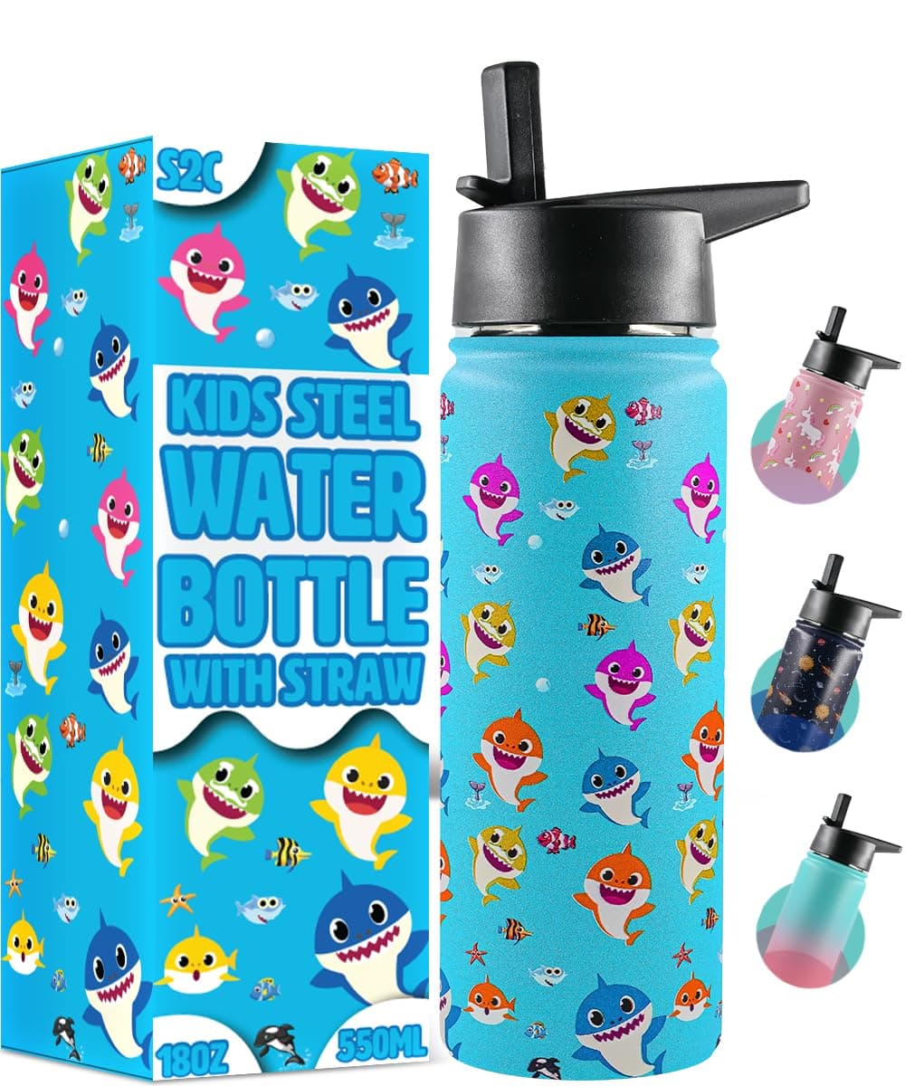 Kids Water Bottle with Straw Lid – 550ml Stainless Steel, Double Wall Insulated, BPA-Free, Leak-Proof Bottle for School & Toddlers (AQUA)