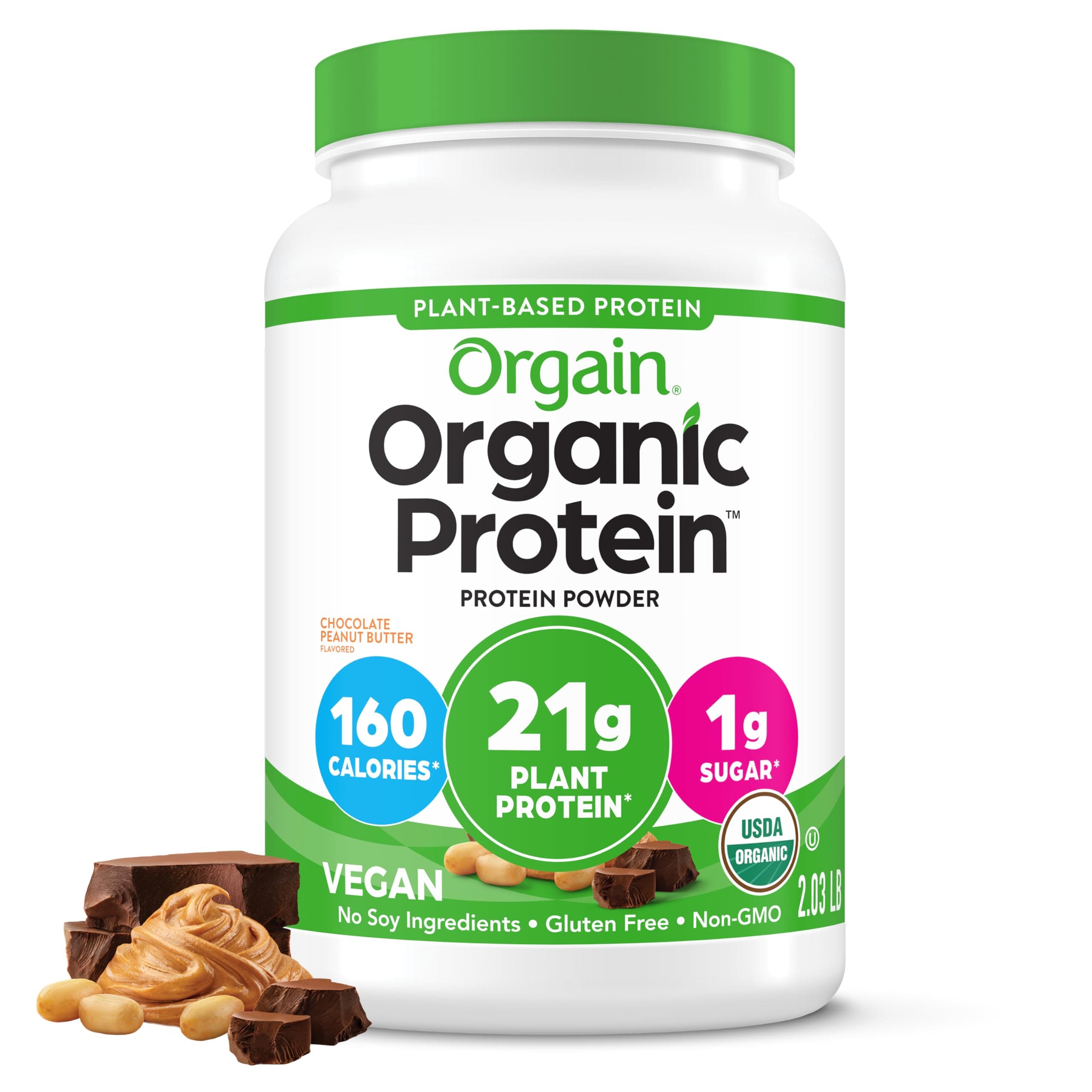 Organic Vegan Protein Powder, Chocolate Peanut Butter - 21g Plant Protein, 6g Prebiotic Fiber, Low Net Carb, No Lactose Ingredients, No Added Sugar, Non-GMO, For Shakes & Smoothies, 2.03 lb