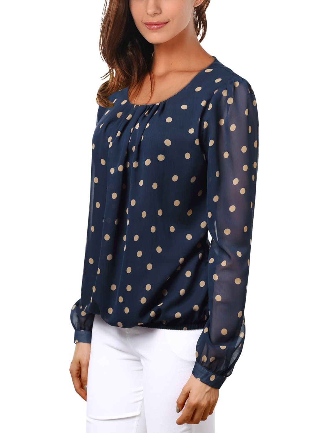 MeiC Women's Scoop Neck Long Sleeve Chiffon Blouse Top XX-Large Navy Polka Dot