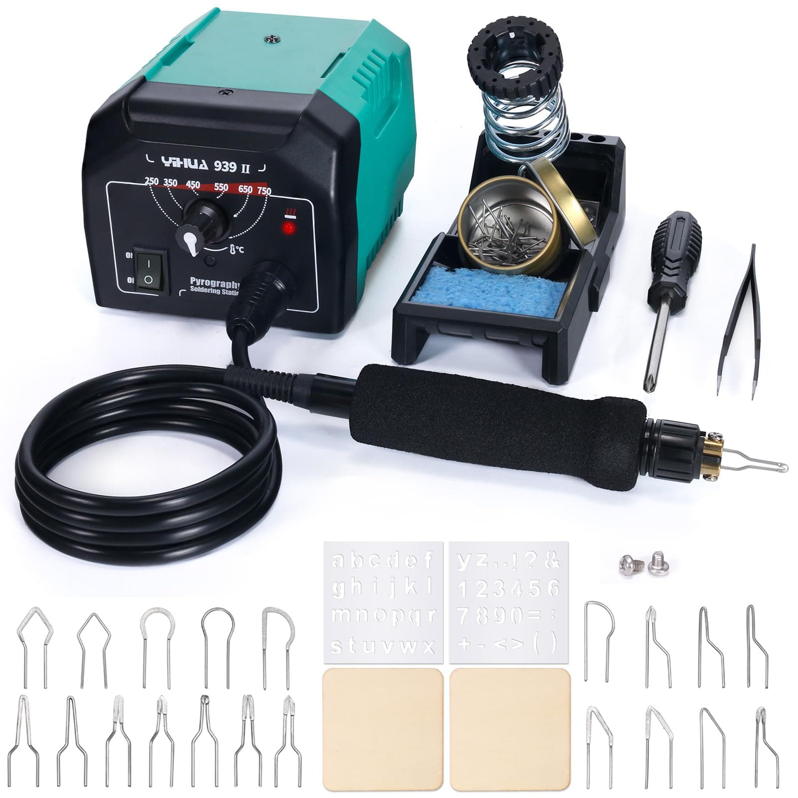 YIHUA 939-II Pyrography Pen Wood Burning Kit Station 250~750ââ€žÆ’/482~1382ââ€žâ€° Temperature Adjustable with 20 Wire Nibs, 1 Stable Pen Holder, 2 Stencils, 2 Scrap Wood, 1 S/S Tweezers, and 1 Pliers (Green)