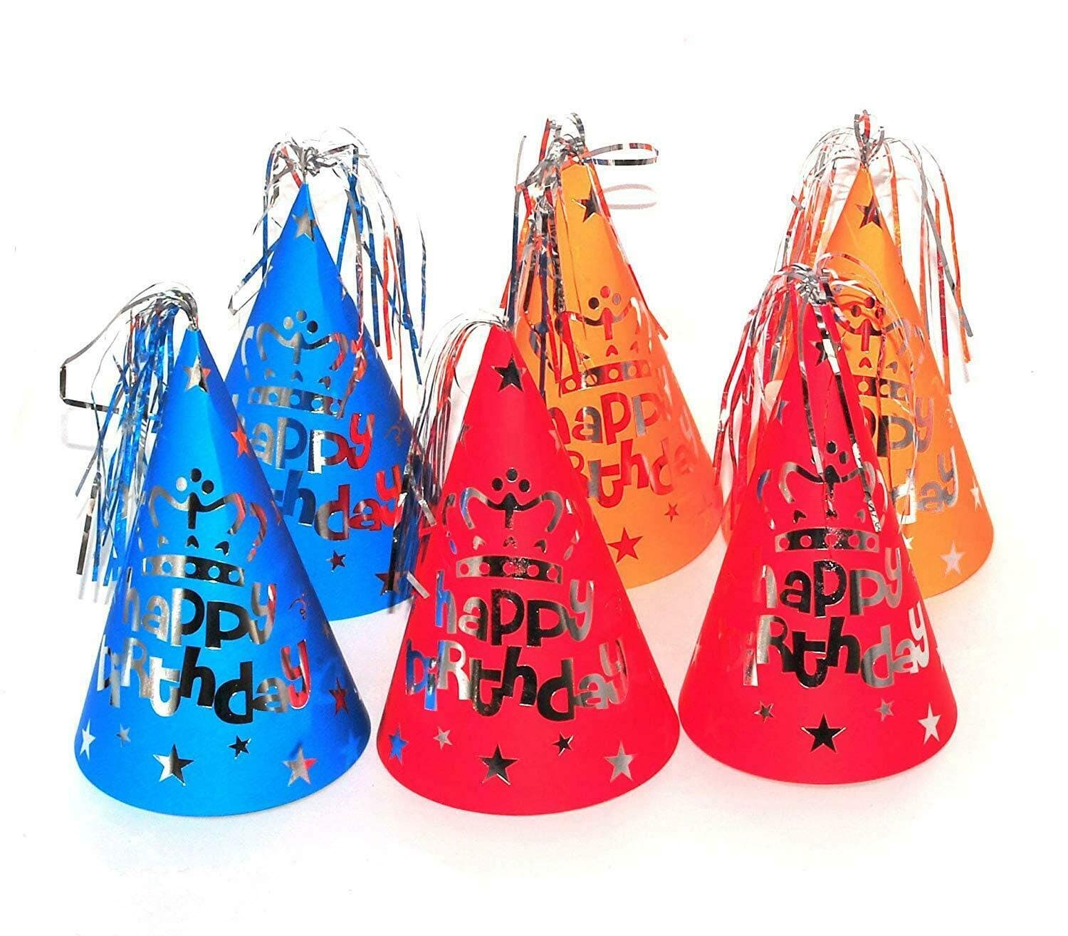 Happy Birthday Party Hats Paper Cone with Foil Top Pack of 10, Colorful Festive Caps for Fun Celebrations