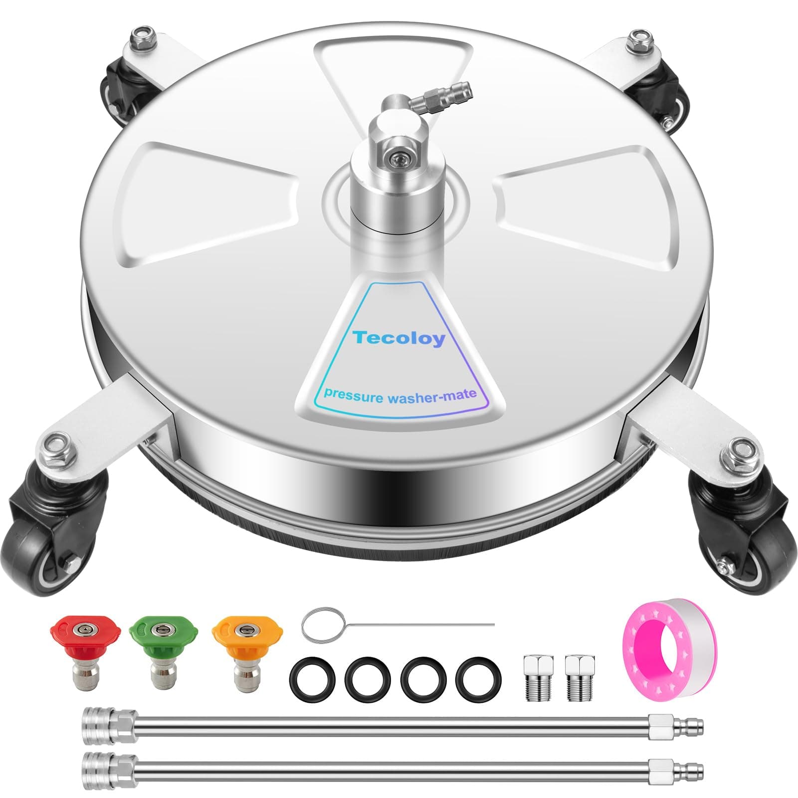 16" Pressure Washer Surface Cleaner with 4 Wheels-Stainless Steel Power Washer Accessory for Concrete Driveways Sidewalks Patios Cleaning with 3 Spray Nozzles