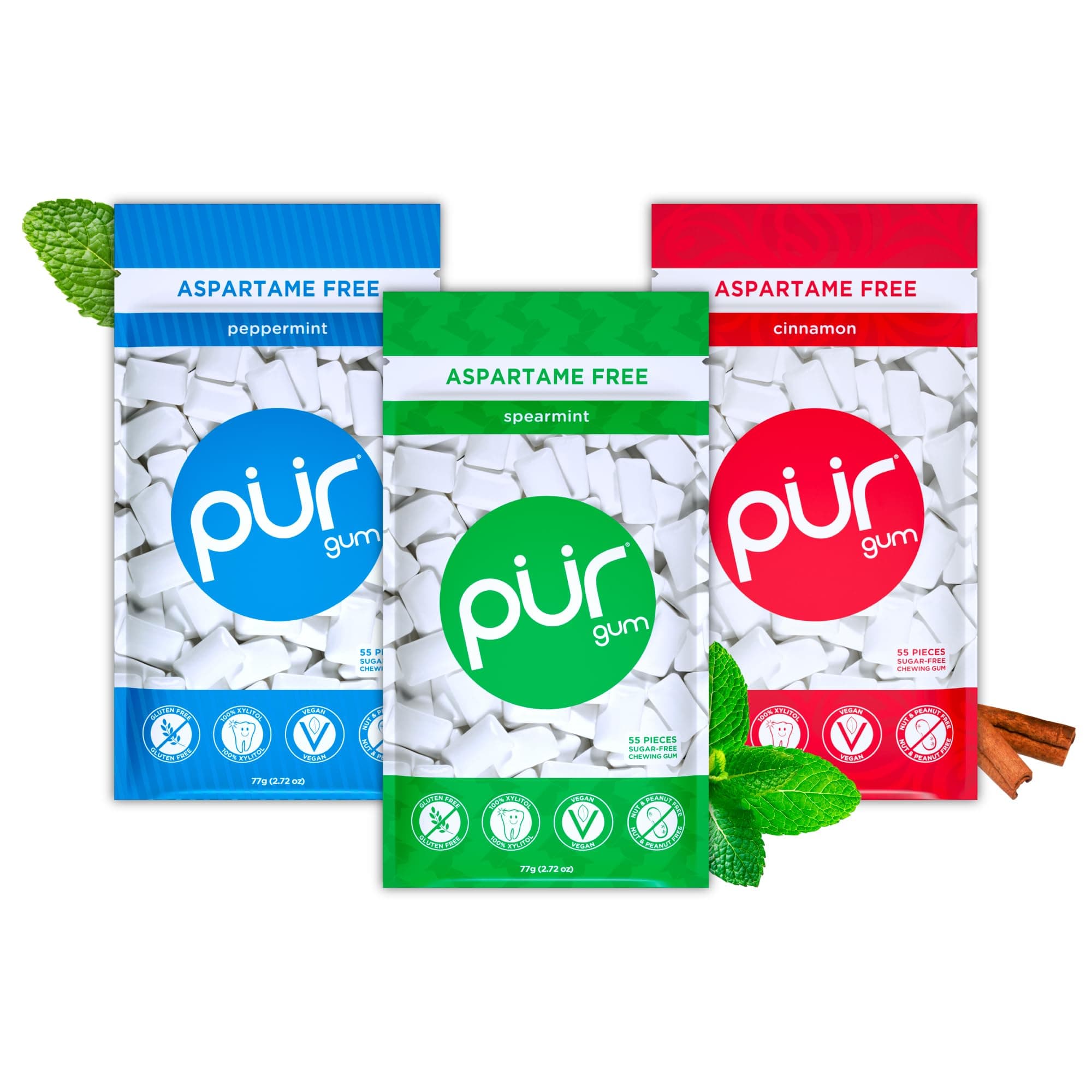 Aspartame Free Chewing Gum | 100% Xylitol | Natural Flavored Gum, Variety Pack, 55 Pieces (Pack of 3)