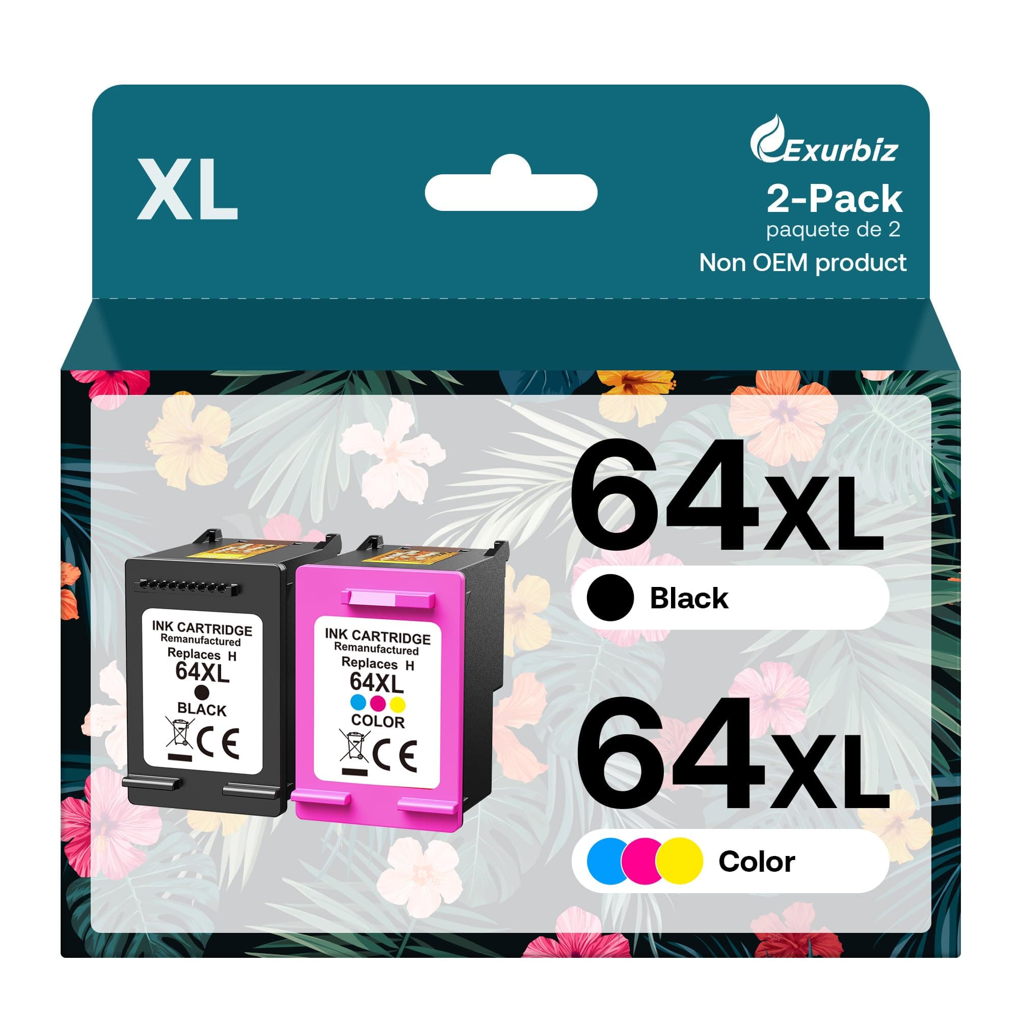 Exurbiz 64XL Ink Cartridges Combo Pack Replacement for HP 64 XL Remanufactured Envy Photo 7858 7855 7155 6255 6252 7120 6232 7158 7164 Inspire 7950e Tango Series Printer (1 Black, 1 Tri-Color)