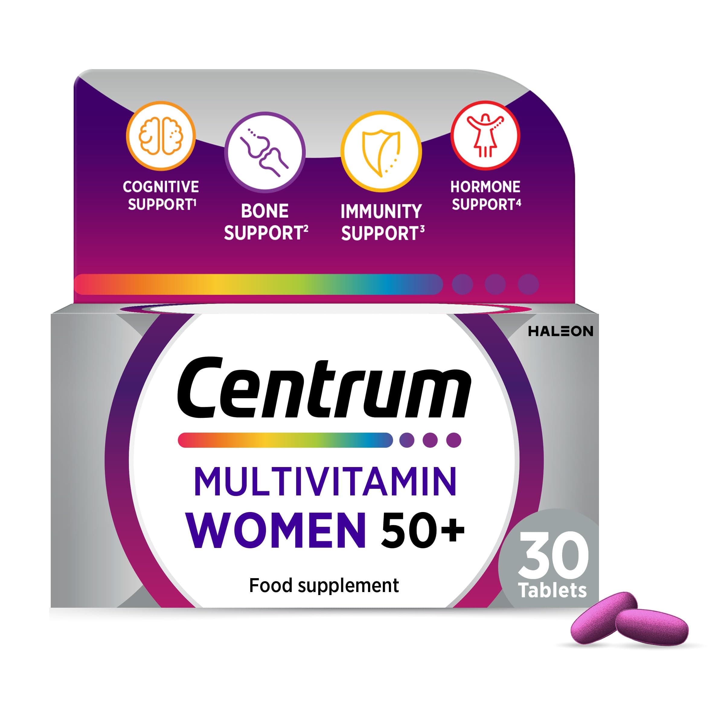 Women 50+ Tablets Multivitamin & Mineral Supplements, 23 essential nutrients including vitamin D, C, and Iron, 30 ct