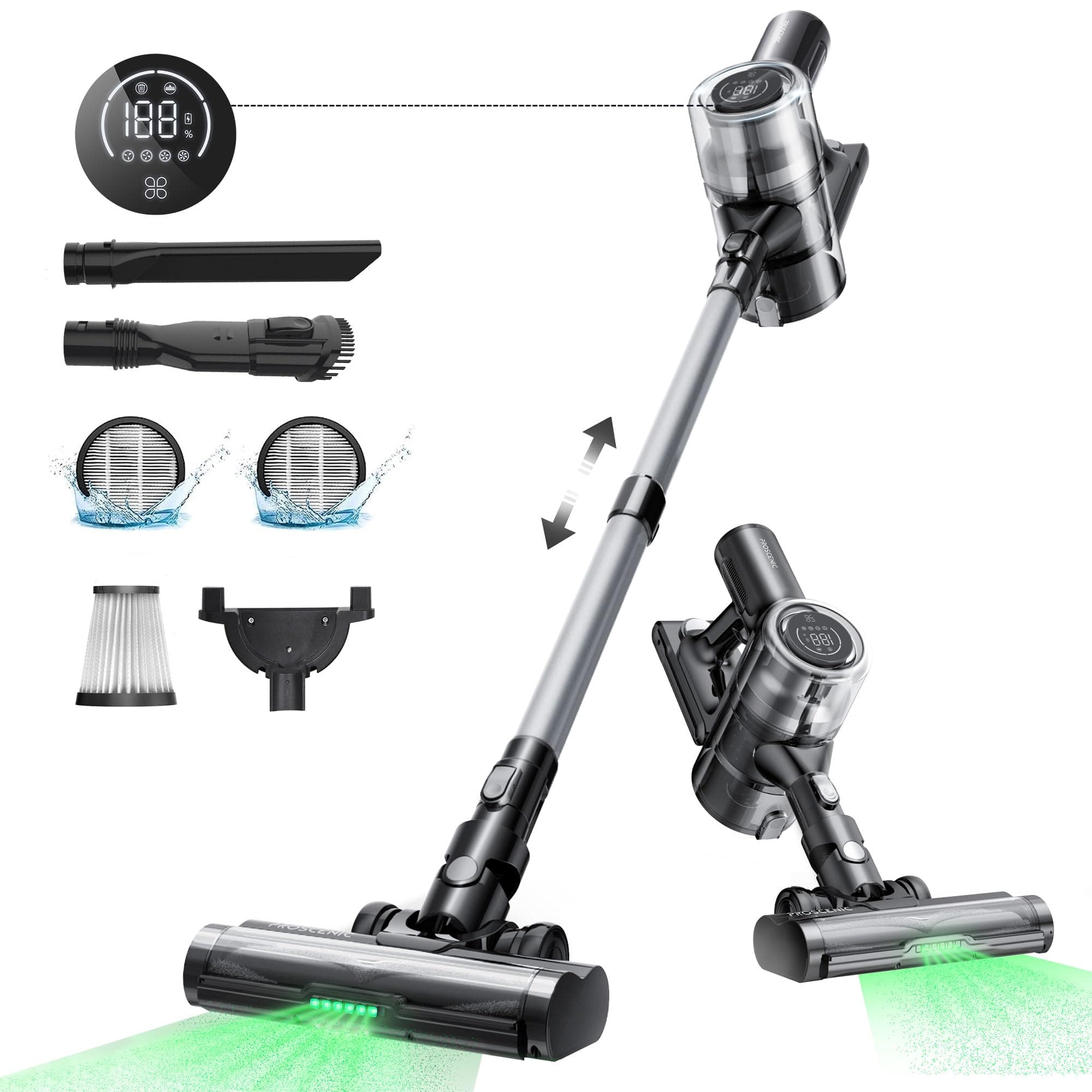Proscenic P12 Cordless Vacuum Cleaner, 33Kpa Stick Vacuum Cleaner, Green LED Headlights, Anti-Hair-Tangle Brush, Powerful Cordless Hoover with Touch Display, 60min Runtime, Deep Clean for Pet Hair
