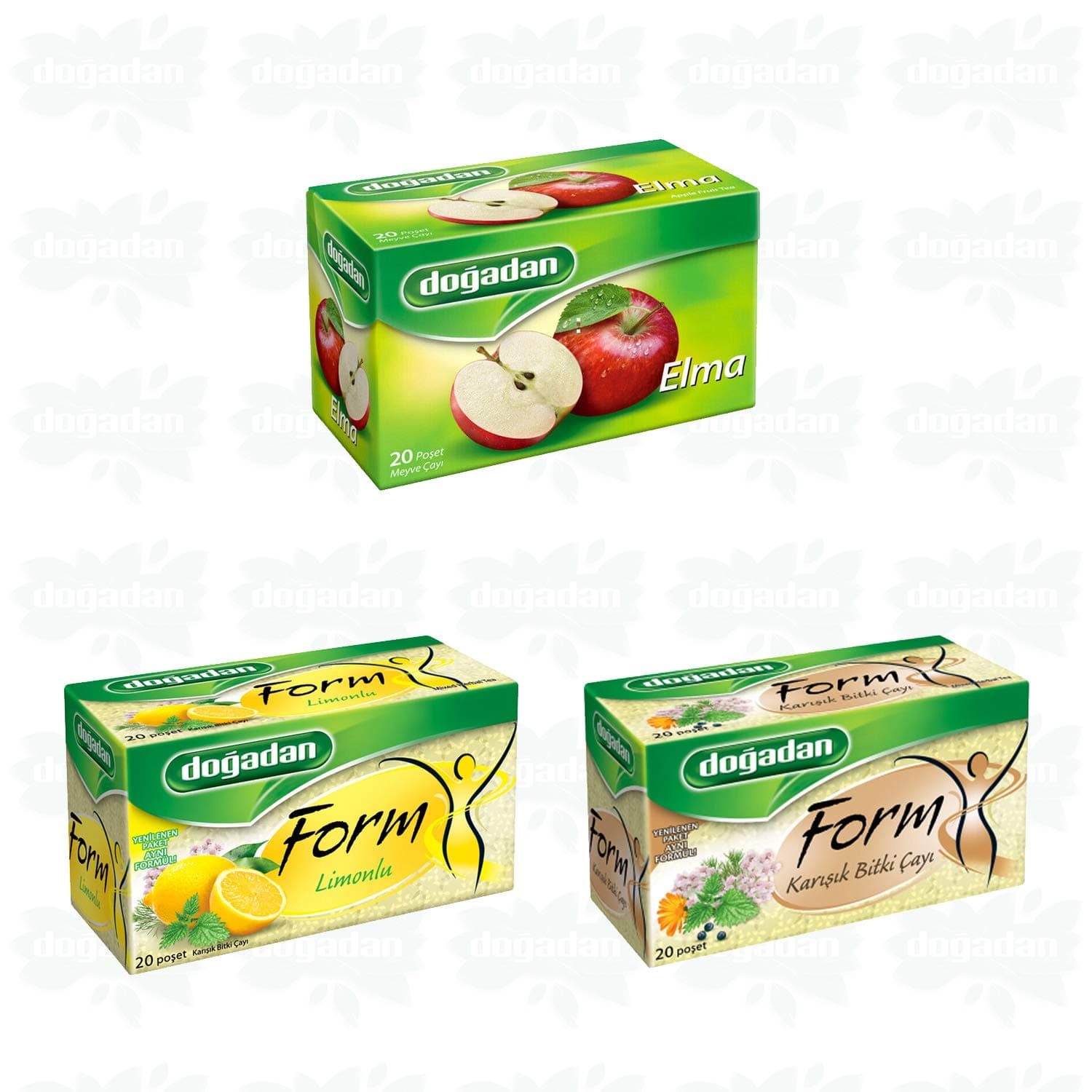 Dogadan Tea - Apple Tea (1 Box / 20 Tea Bags) - Form Mixed Herbal Tea (1 Box / 20 Tea Bags) - Form Mixed Herbal Tea with Lemon (1 Box / 20 Tea Bags) - 3 Boxes 60 Bags