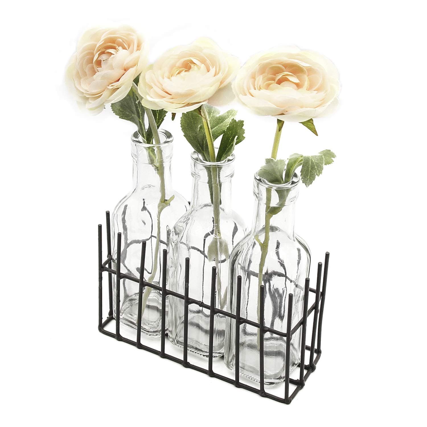 Funsoba Small Glass Vases in Metal Rack Stand Window Display Set of 3 Hydroponic Flower Vase Farmhouse