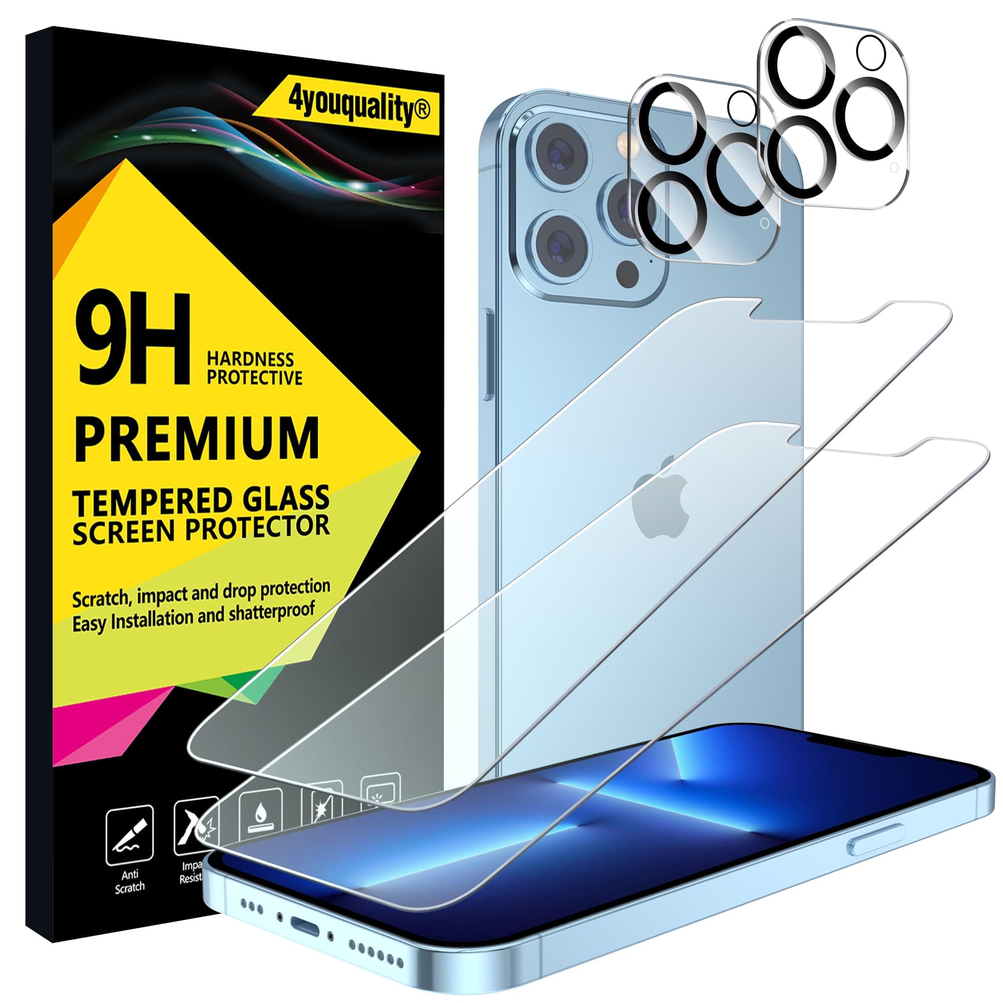4youquality Screen Protector for iPhone 13 Pro Max with Camera Lens Protector, Tempered Glass Film, 2-Pack Each, [Impact-Resistant][Anti-Scratch][Anti-Shatter][Ultra-Clear]