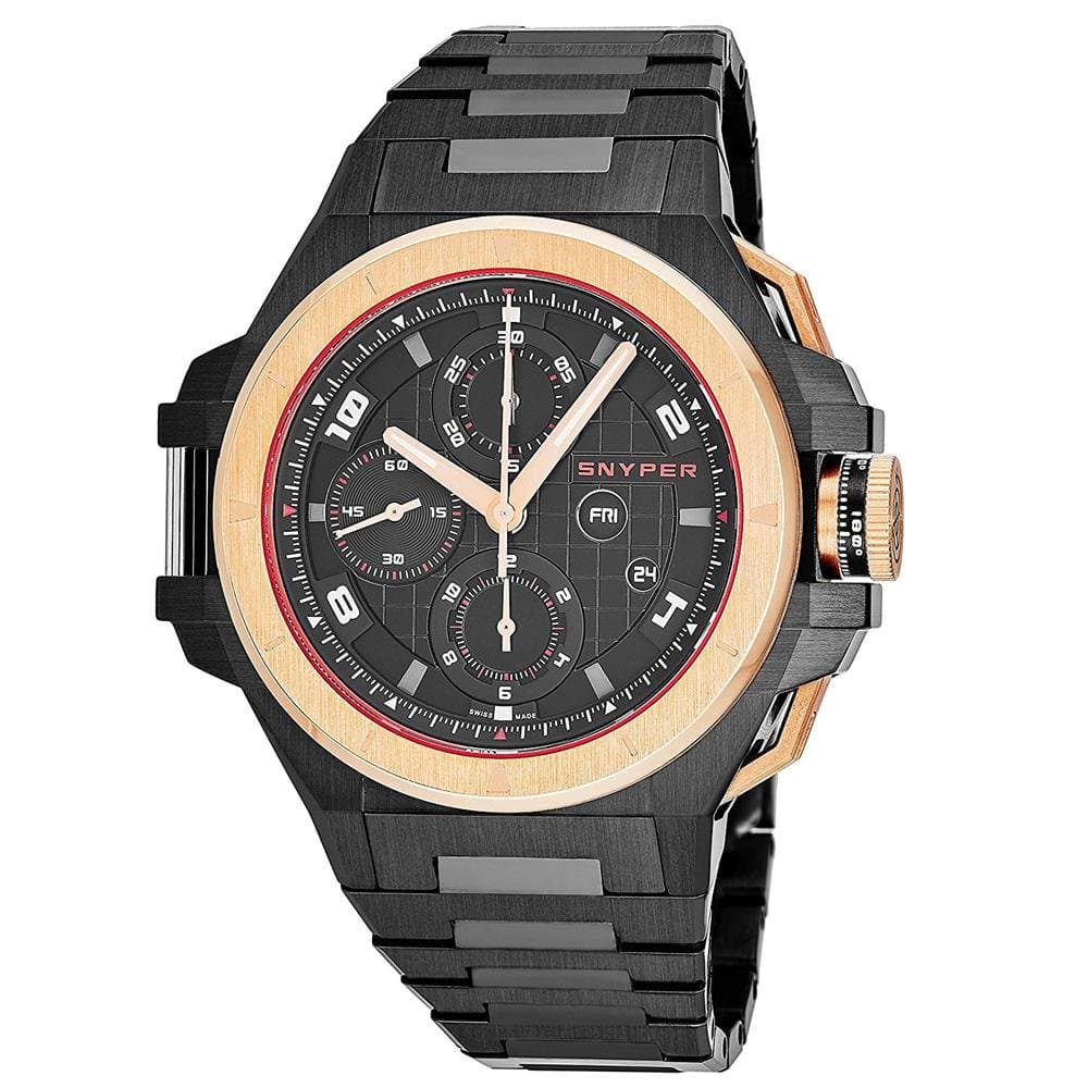 Snyper Ironclad Bicolor Rose Gold Mens Automatic Chronograph Watch - 44mm Analog Black Face with Day Date Sapphire Crystal - Swiss Made Black Stainless Steel Automatic Watches for Men 50.450.2M