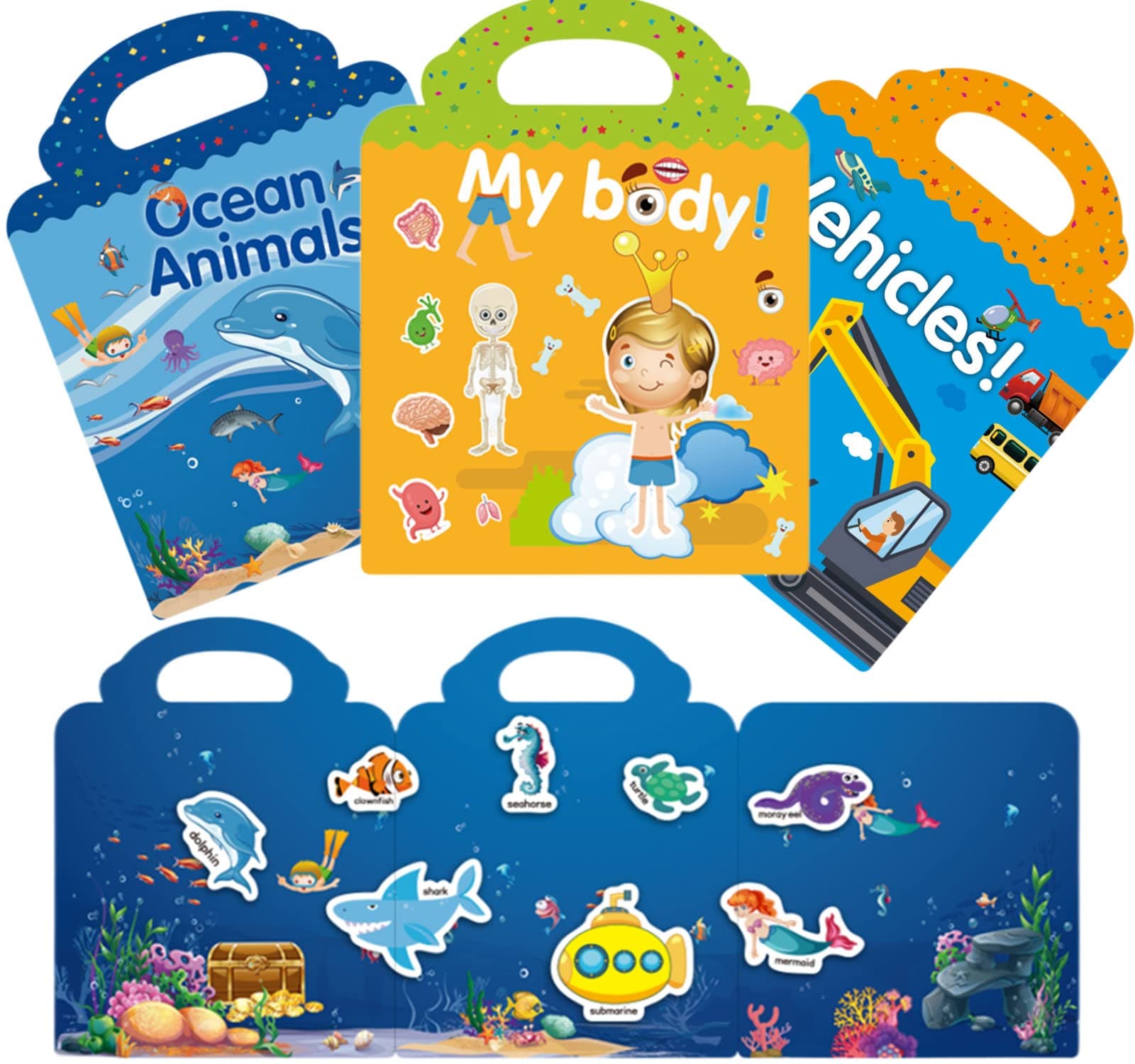 Reusable Stickers for Kids Toddlers 2-4 Years 3Pack Sticker Book Preschool Learning Activities Ocean, Body, Vehicle Theme Educational Toys for 3 Year Old Teacher Stickers (Car + Body + Ocean)