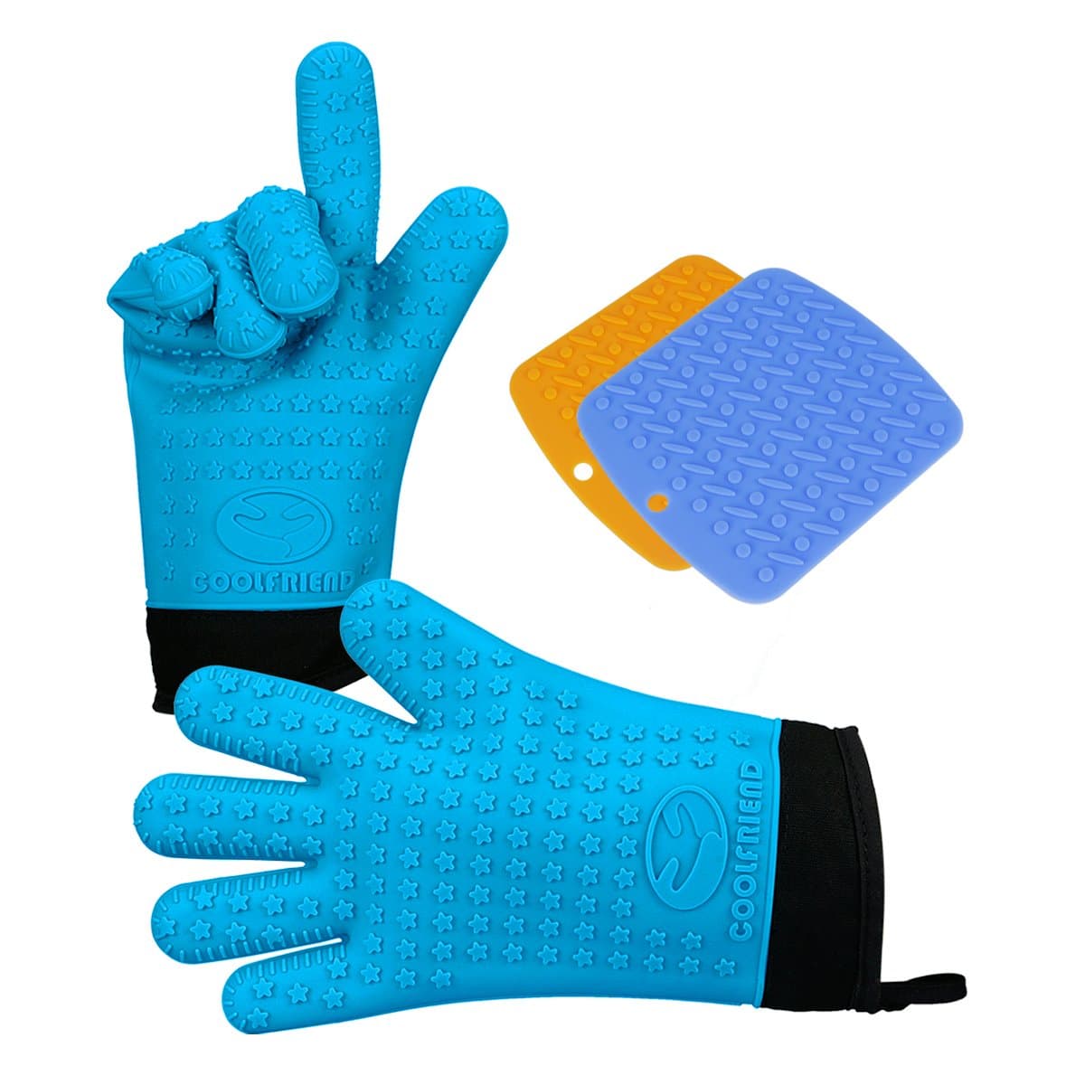 CoolFriend Silicone Cooking Gloves (Blue) – Heat Resistant Kitchen Oven Mitts – Insulated Pot Holders with Non-Slip Grip – Stove, BBQ Grill, Oven Safe