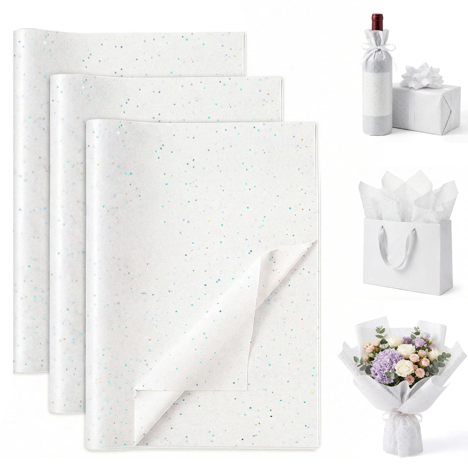 120 Sheets Tissue Paper, 20x14 Inches White Tissue Paper for Gift Bags Glitter Wrapping for Birthday DIY Project Weddings Holiday Crafts Festival Decoration