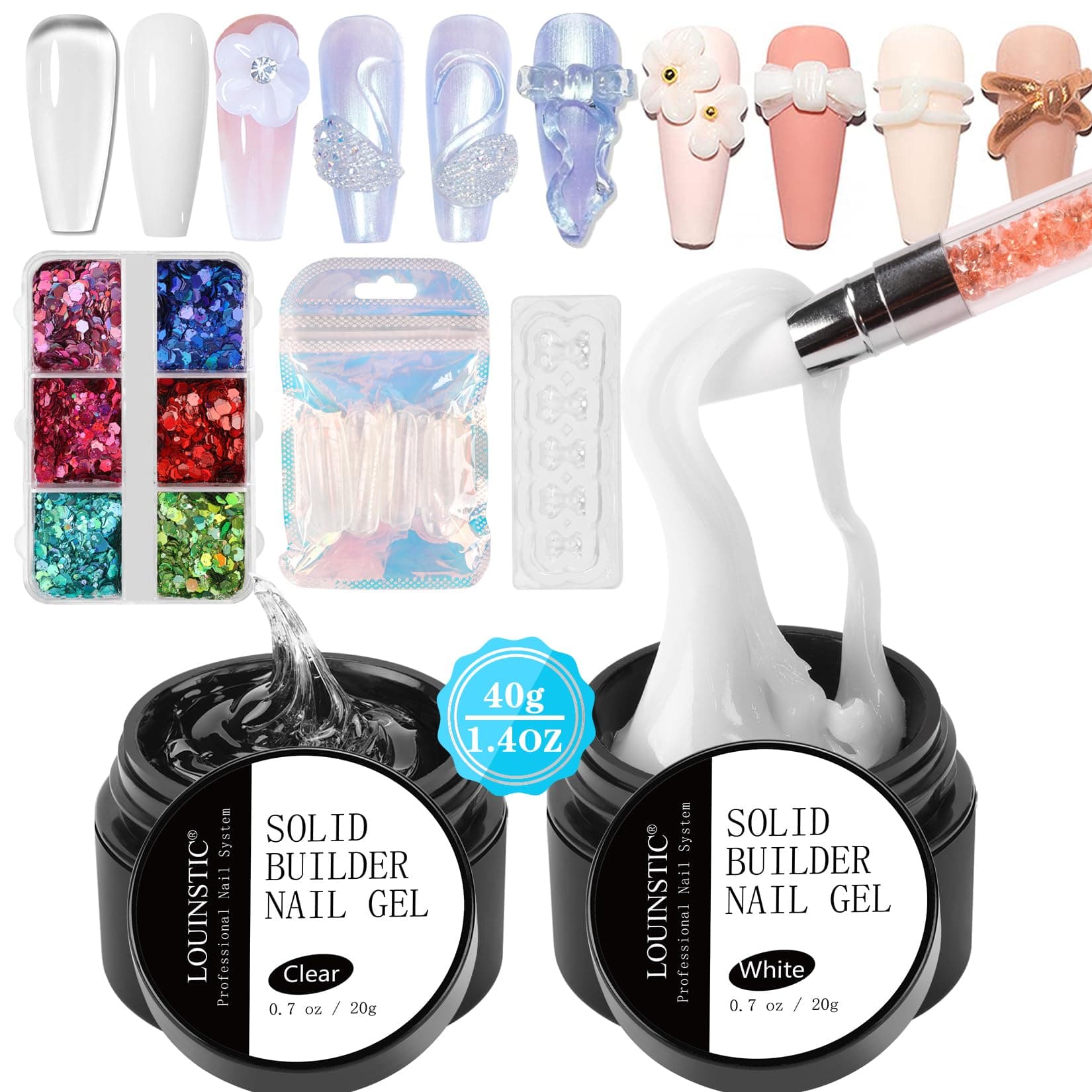 LOUINSTIC Builder Gel Nail Kit - White Clear Builder Gel for Nails Non-sticky Solid Builder Nail Gel for Nail Extension Nail Carving Frech Nails 3D Modeling Nail Art (0.7oz, UV/LED Lamp Required)