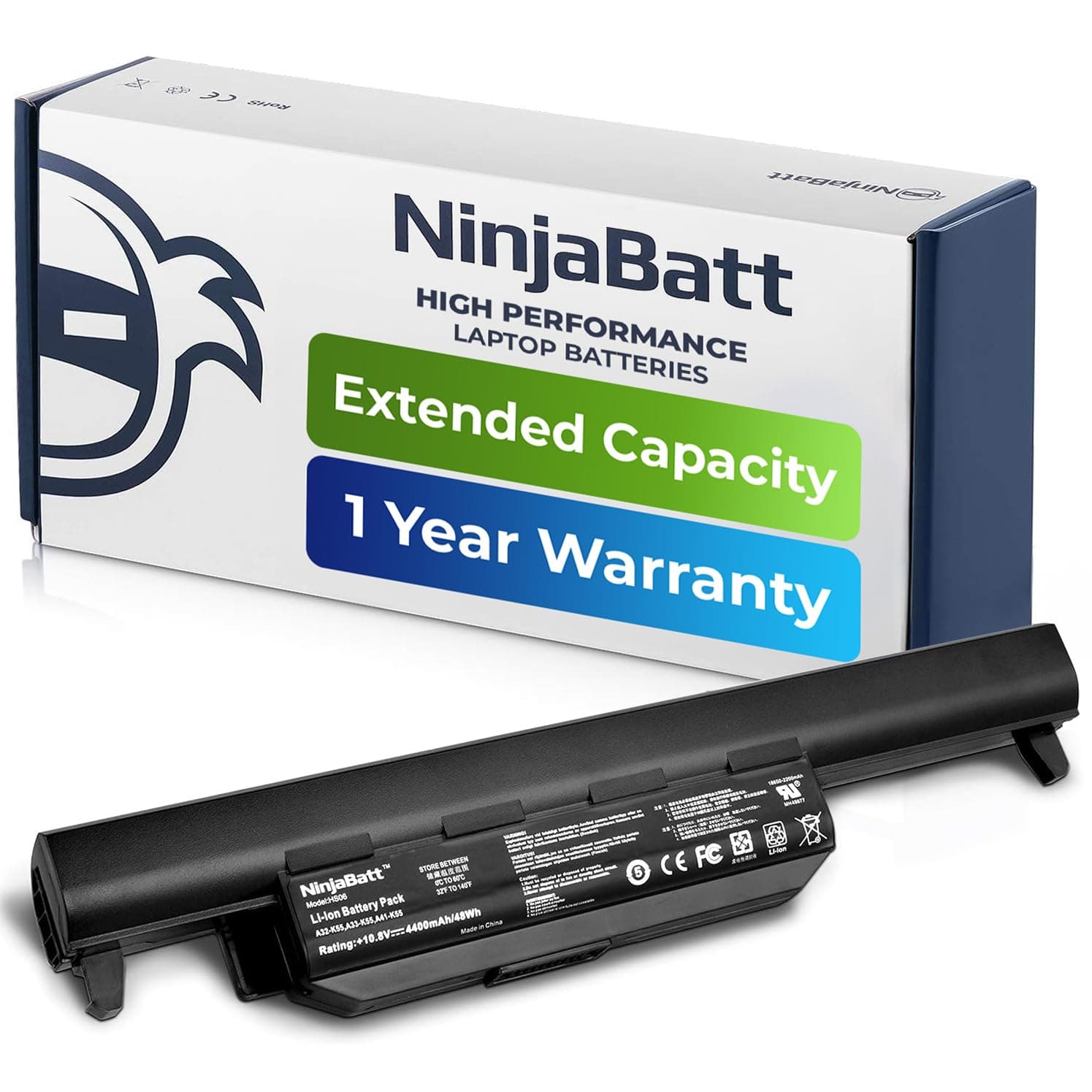 NinjaBatt Battery A32-K55 For Asus X75V F75VD X75A R500V F75V F75VB F75VC R503U R503A R503C K55VD X75VD K75VM K75VD K75DE K55 K55N K55VM K45VS K45VJ K55DR A32-K55X - [6 Cells/4400mAh/48Wh]