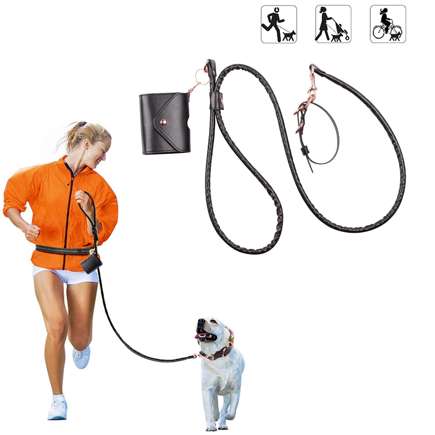 HLFeng Leather Dog Collar And Leash Set Adjustable With Retractable Food Storage Pouch for small,medium,large dogs breed