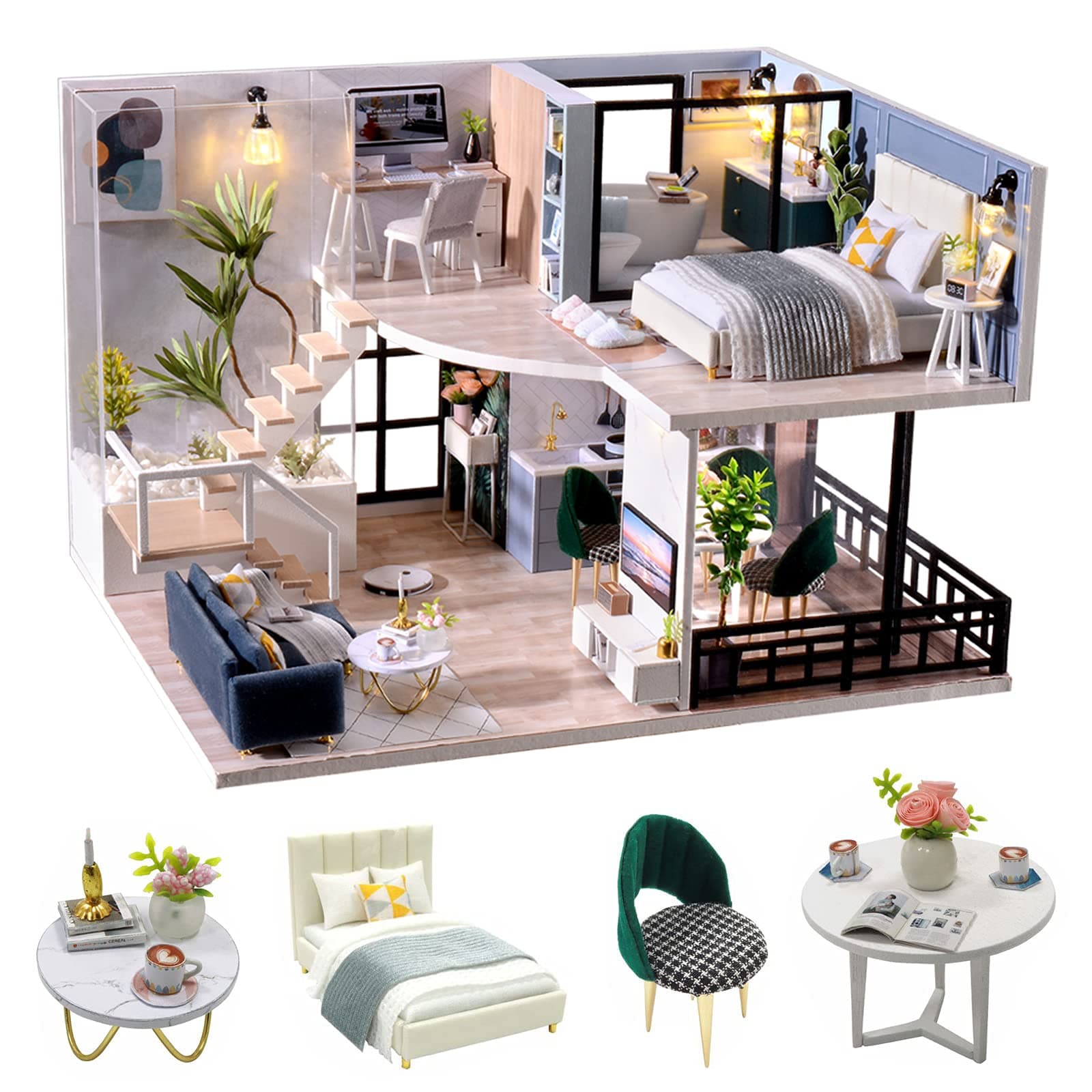 DIY Wooden Doll House Kit, DIY Miniature Dollhouse Kit with Furniture,Wooden Doll House Plus Music Movement & LED Lights, 1:24 Scale DIY House Kit Best Birthday Gifts (L032)