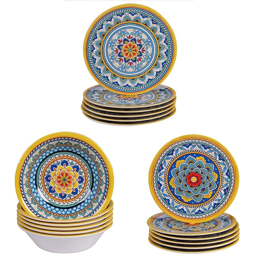 Portofino Melamine Dinnerware Set - 11" Dinner Plate, 7.5" All Purpose Bowl, 9" Salad/Dessert Plate, Set of 6 Each, Multi Colored