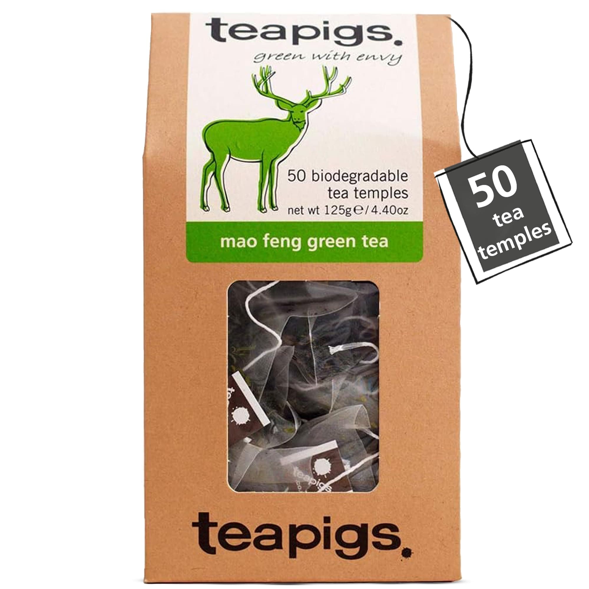 Teapigs Mao Feng Whole Leaf Green Tea Bags - Authentic Chinese Green Tea with Peachy Notes - Light, Refreshing & Naturally 0 Calories - 50 Biodegradable Tea Temples (1 Pack)