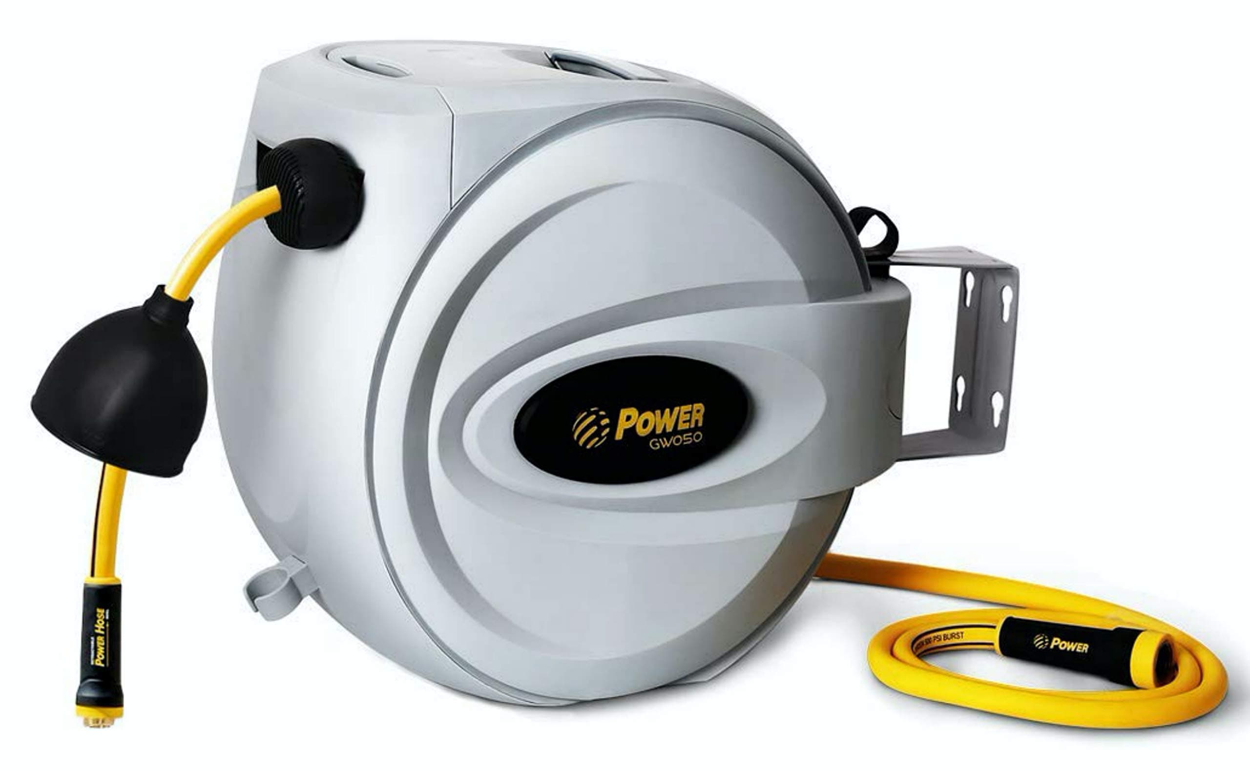 Power Retractable Hose Reel 20 Plus 2 Meters, Super Heavy Duty, Patented Nozzle Protector, Slow Return System, 500 Psi Burst Strength, 3 Layer Hybrid Hose