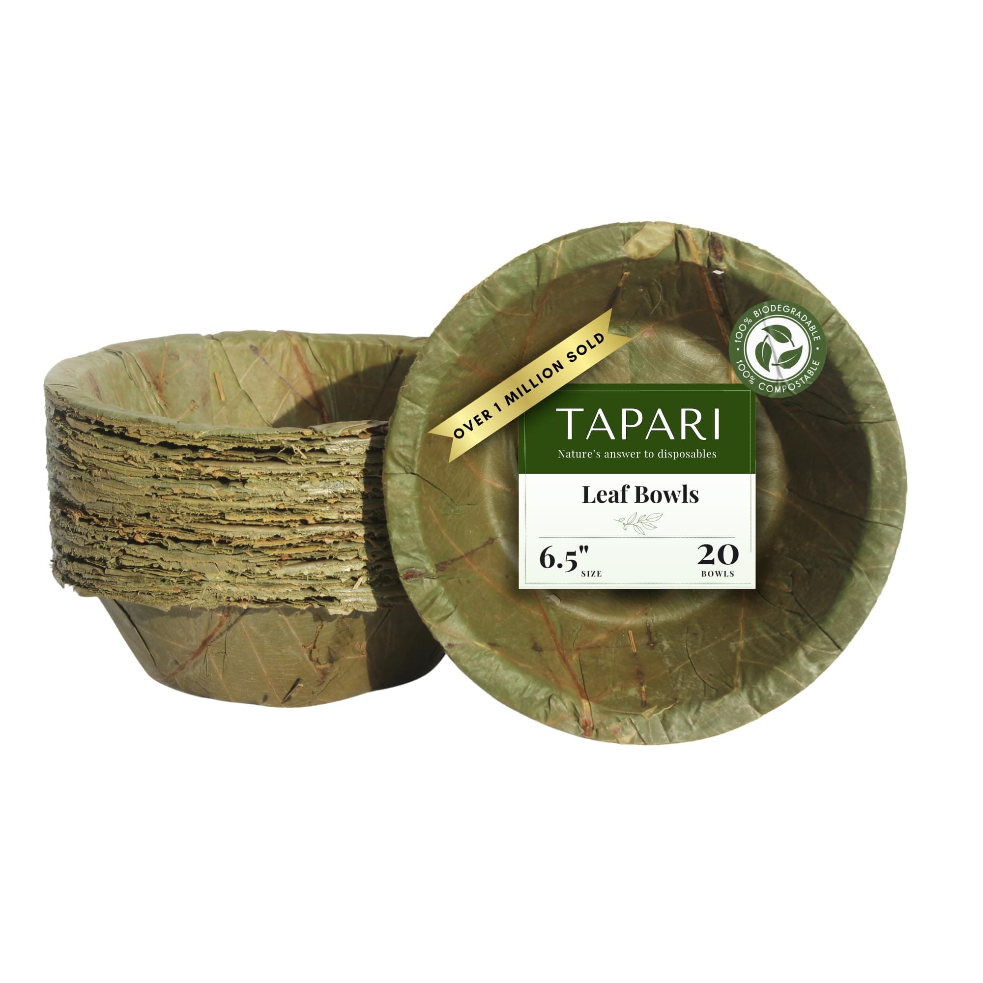TAPARI Small Disposable Bowls - 20 Pack Small Leaf Bowls - 6 Inch - Sturdy & Eco-Friendly - Home Compostable & Biodegradable Bowls for Parties - Bowl for Soup, Hot & Cold Food - Sal Leaf - 10 Fl Oz