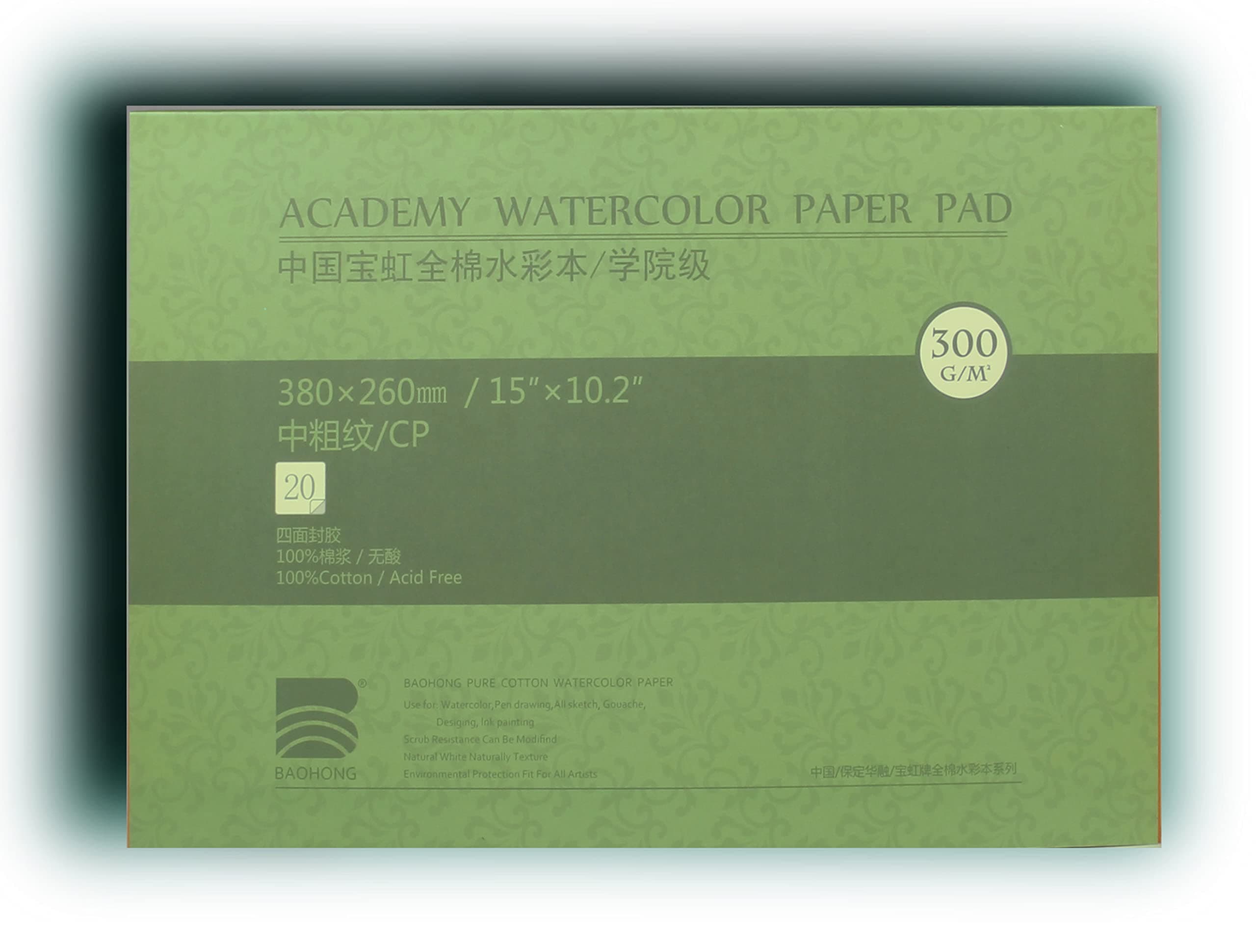 BAOHONG Academy Grade Watercolor Block, 100% Cotton, Acid-Free, 140LB/300GSM, Cold Press Textured, 20 Sheets per Block (Cold Press 15"x10.2")