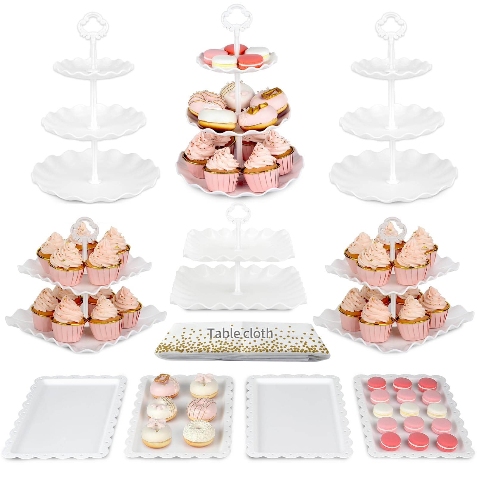 Pack of 10 NWK Cake Stand Set, Cupcake Stand, with 3 x Two-Tier and 3 x Three-Tier Cupcake Stands, 4 x Appetizer Trays, 1 x Tablecloth for Birthday Bridal Baby Shower Party (White)