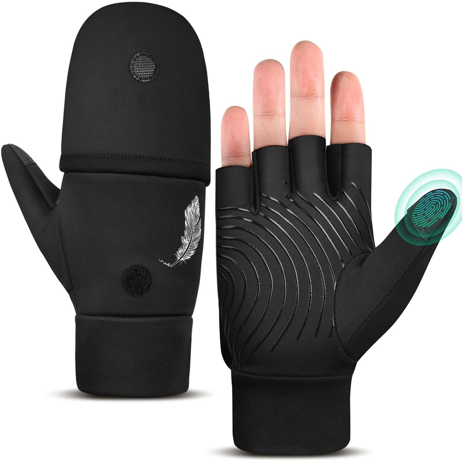 Winter Fingerless Gloves for Men and Women: Cold Weather Windproof Warm Waterproof Lightweight Touch Screen Mittens - Black (S/M/L), Spandex, Lycra, PU Conductive Fabric, Silicone