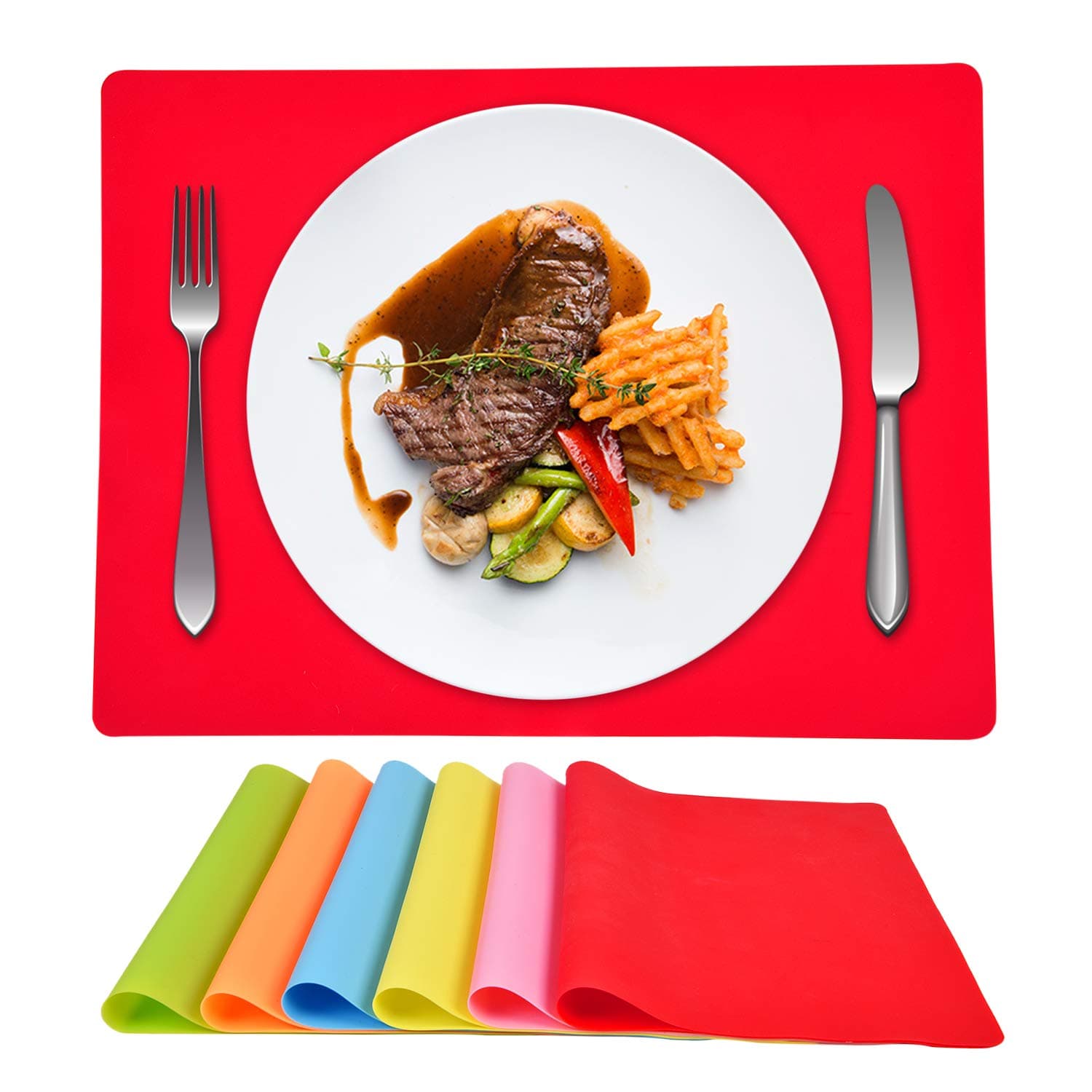 Silicone Placemats Set of 6, Placemats for Dining Kitchen Table Waterproof, Silicone Placemat Colorful for Kids Baby Toddler Non Slip, Placemat Heat Resistant (16 x 12 inches)