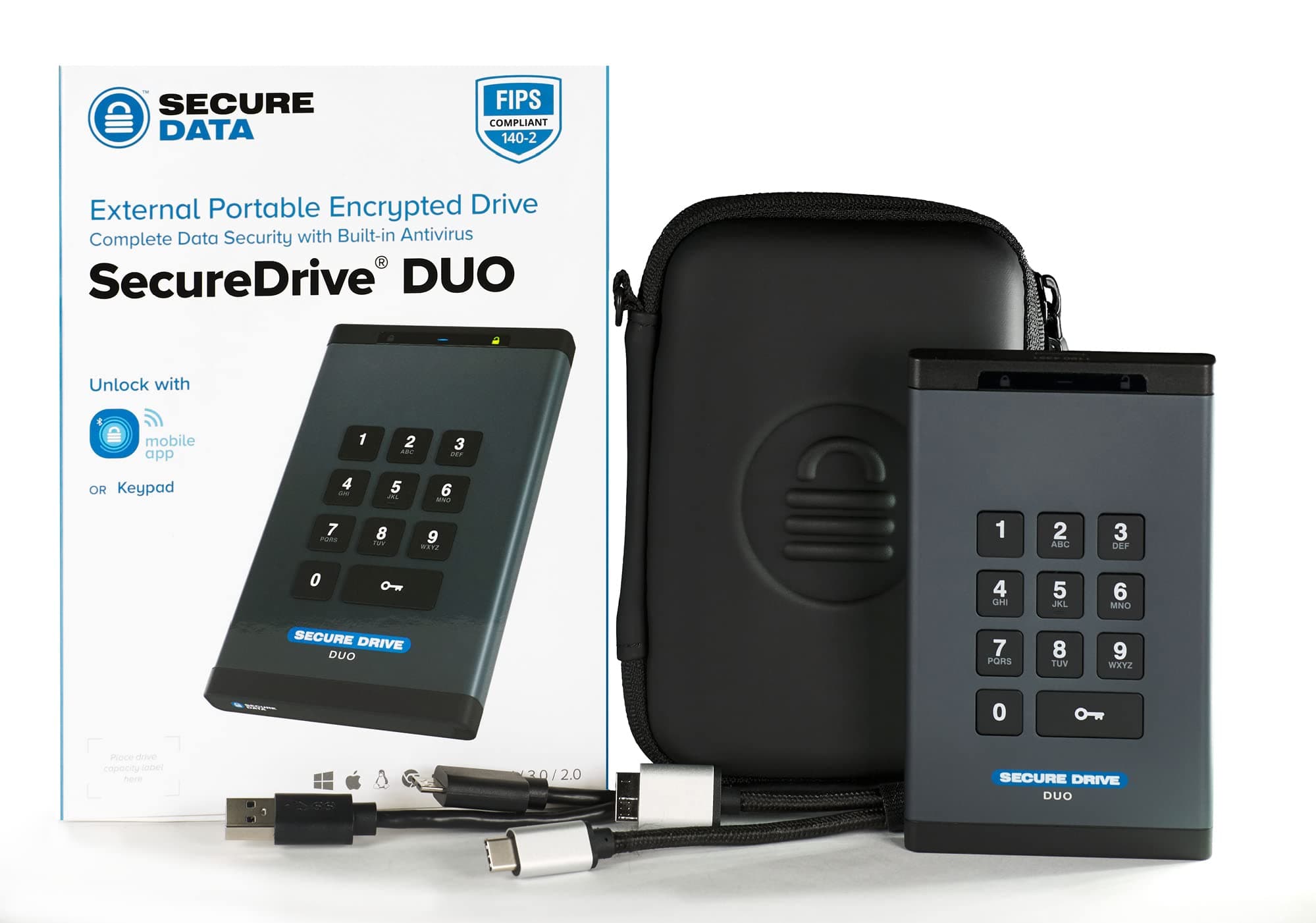 SecureData SecureDrive Duo 5TB Hardware Encrypted USB 3.0 Ext Drive FIPS 140-2 Level 3 Unlock via KeyPad or Phone app TAA Compliant, CJIS, HIPAA, CMMC, GDPR Compliant, Works with Mac and Win Free AV