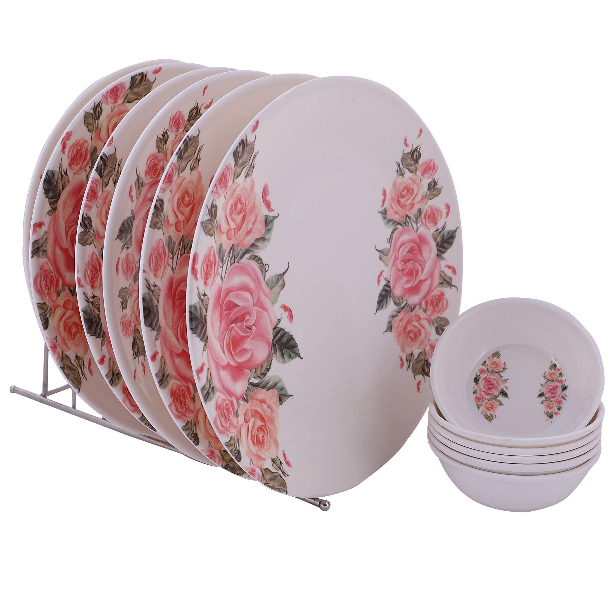 Golden Fish Unbreakable Round Rose Print Full Dinner Plates (Set of 6 Plates & 6 Bowls)