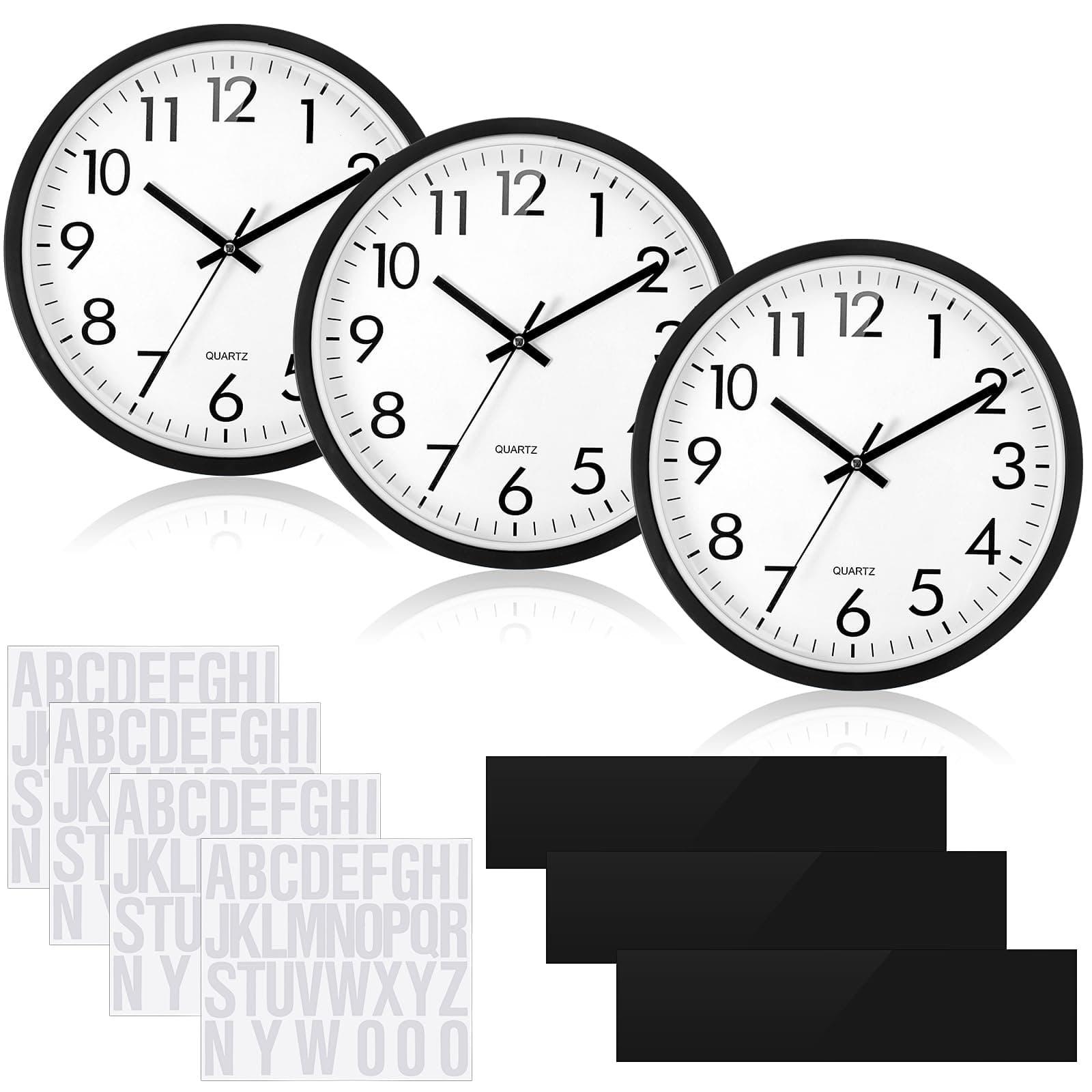 Sasylvia 3 Pcs 10 Inch Wall Clock Battery Operated Round Clock with 3 Pcs Black Acrylic Sheets 4 Sheets of Self Adhesive Vinyl Letter Stickers Alphabet Stickers for School Office Home
