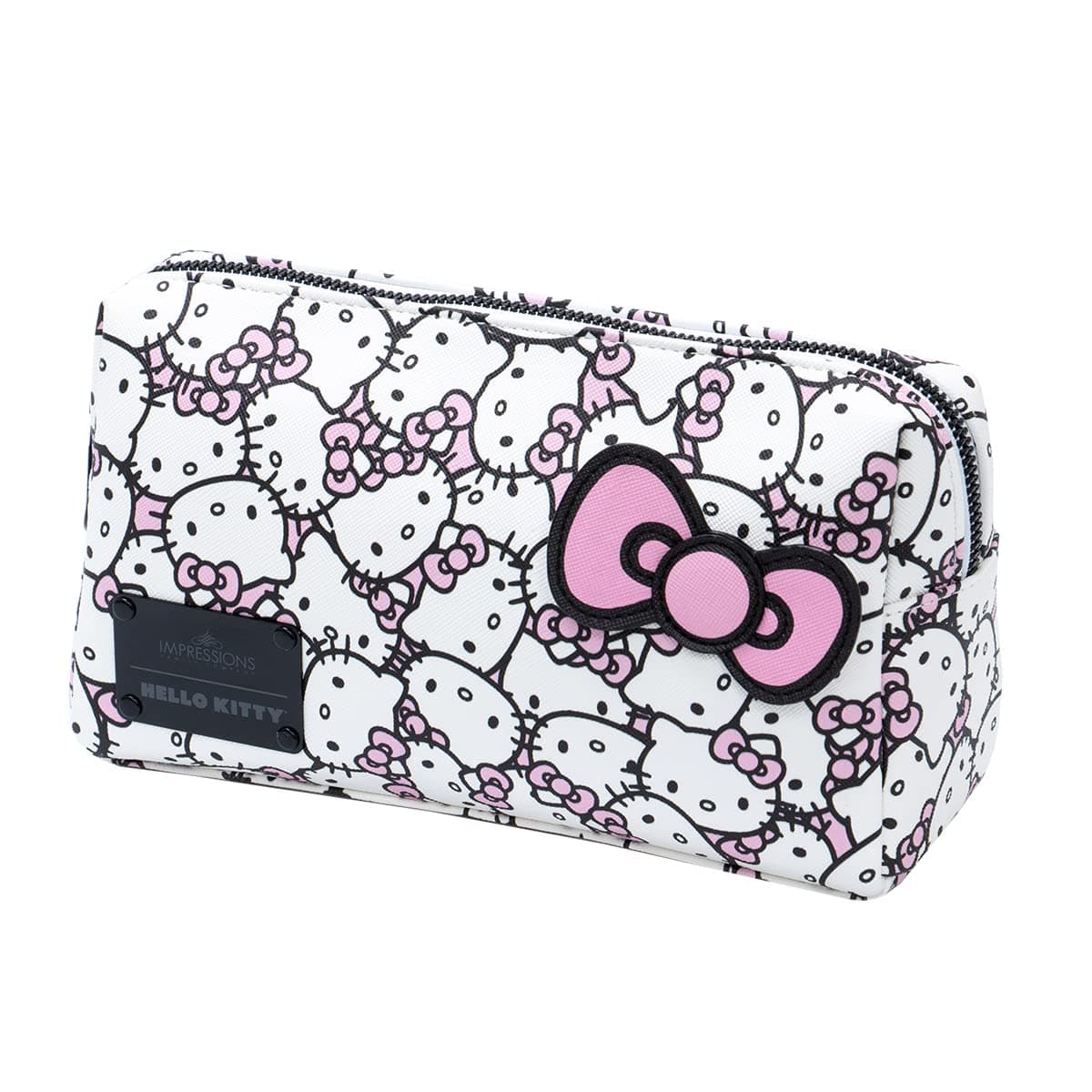 Impressions Vanity Hello Kitty Cosmetic Pouch with Waterproof Faux Leather, Zippered Bag For Travel Size Toiletries, Makeup Bag Organizer With Inside Pocket With Extra Slip Pocket (White/Pink),
