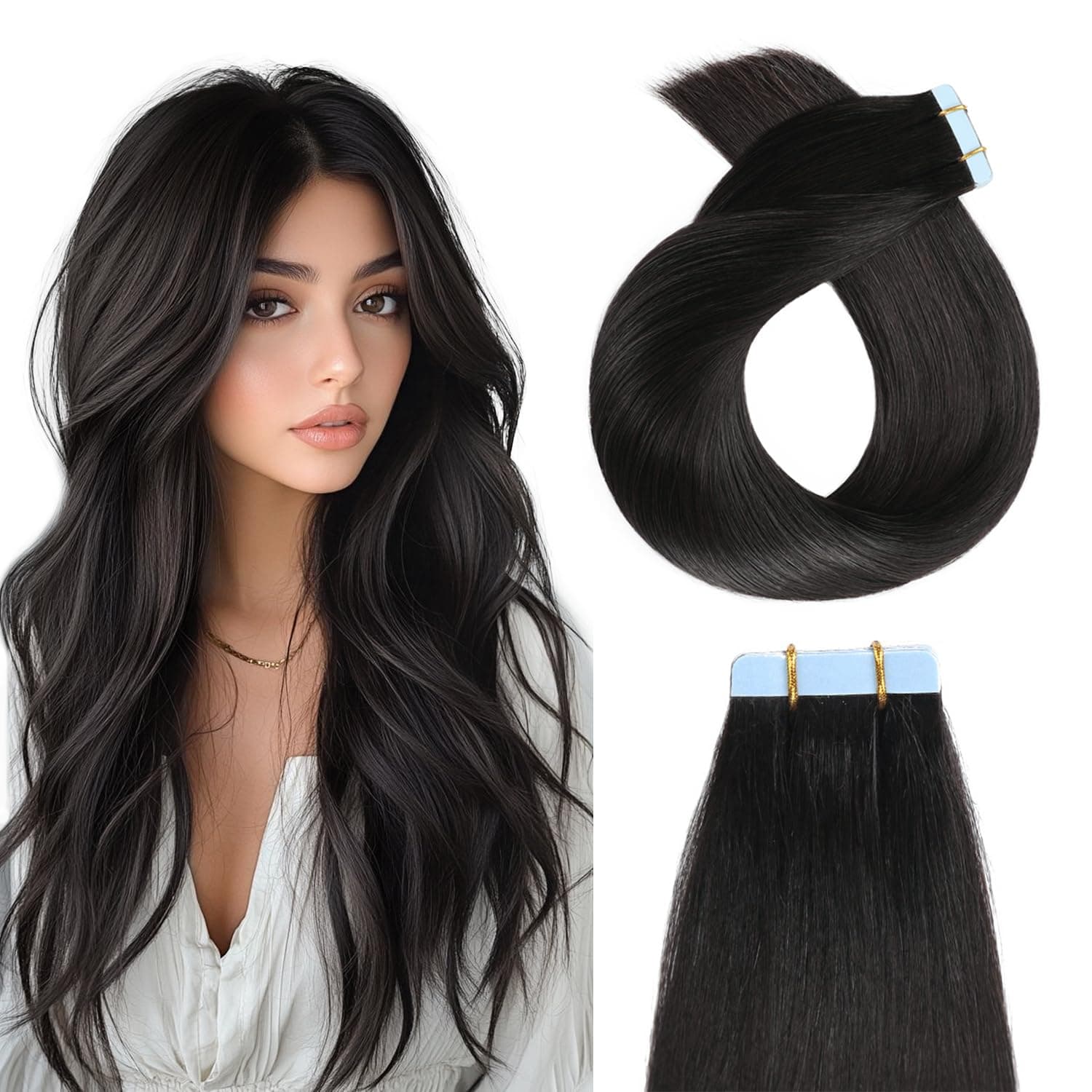 YILITE Tape in Hair Extensions Remy Human Hair 14inch 40g 20pcs Straight Tape in Hair Extensions Human Hair Natural black 1B (14inch 1B)