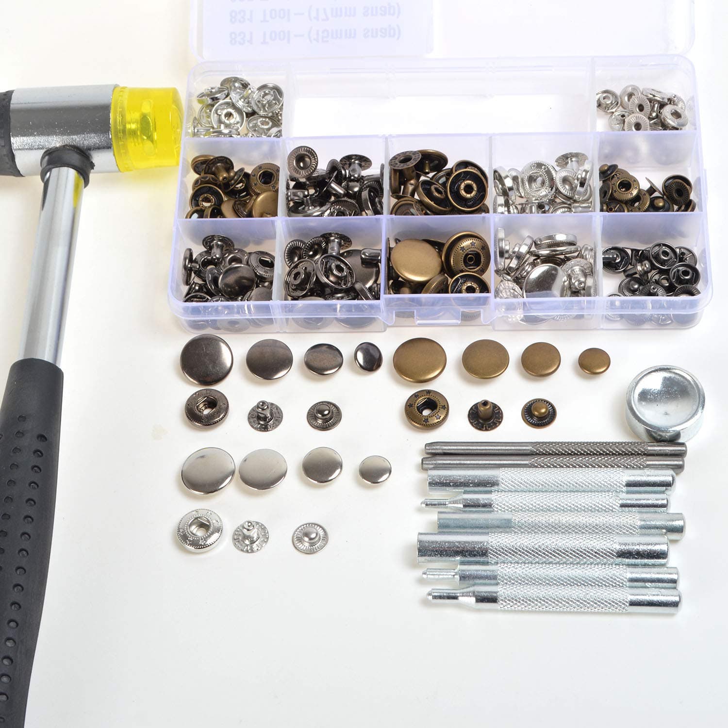 Mixed Size and Color Press Studs Kit Snaps Fastener Clothing Buttons + Die Punch Hand Tools Set + Hammer