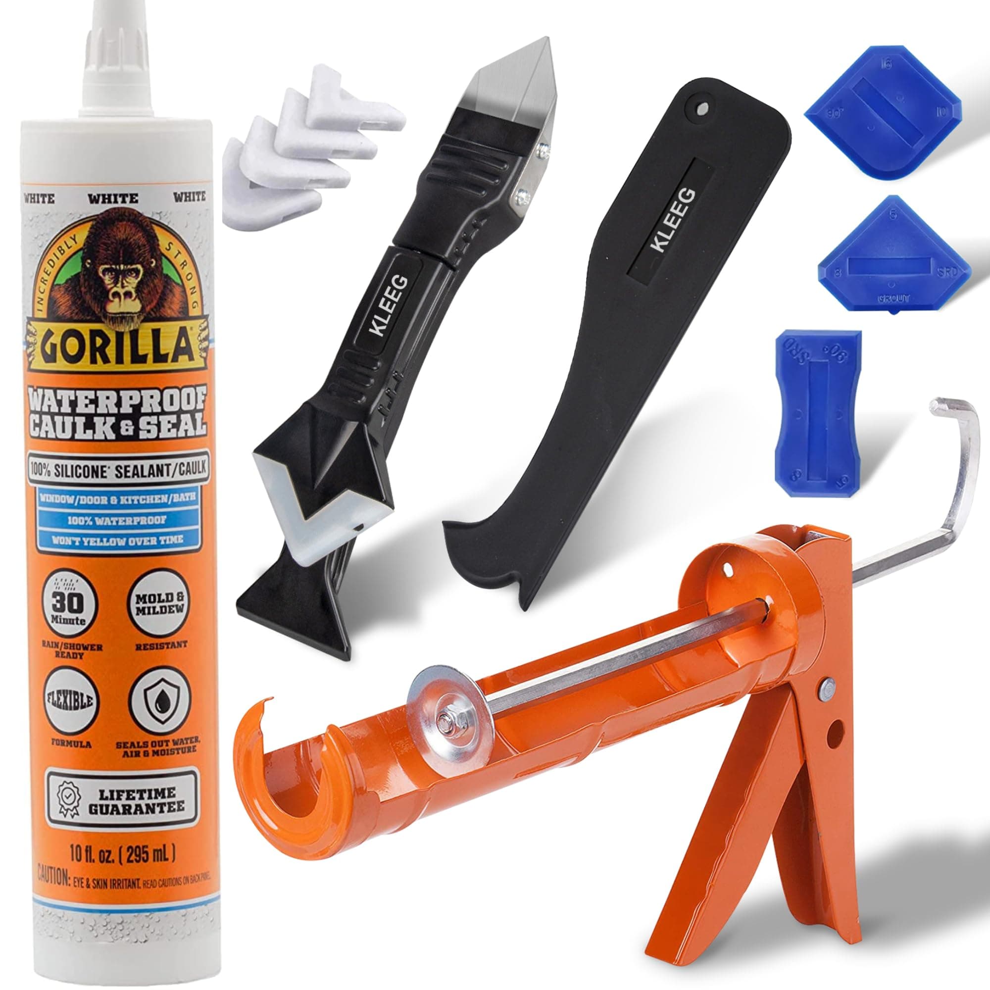 Gorilla Caulk Sealant 100% Silicone, 10oz Cartridge, White + KLEEG Caulk Gun and Caulking Tool Kit - Dripless Gun, Removal Tool, 3in1 Scraper Sealant