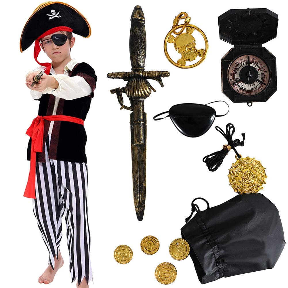 TacobearPirate Costume Kids Deluxe Costume Pirate Dagger Compass Earring Purse for Halloween Party (S)
