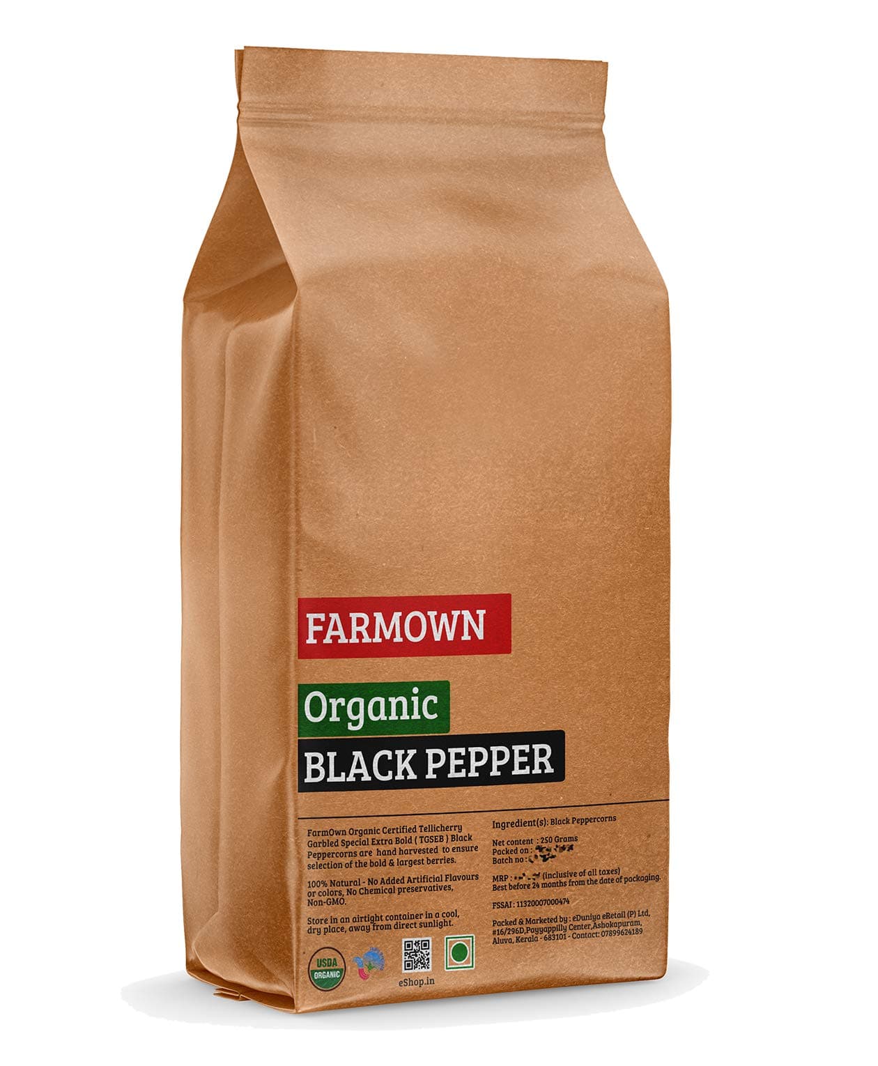 Farmown Organic Black Pepper Whole Peppercorn (250 Grams)