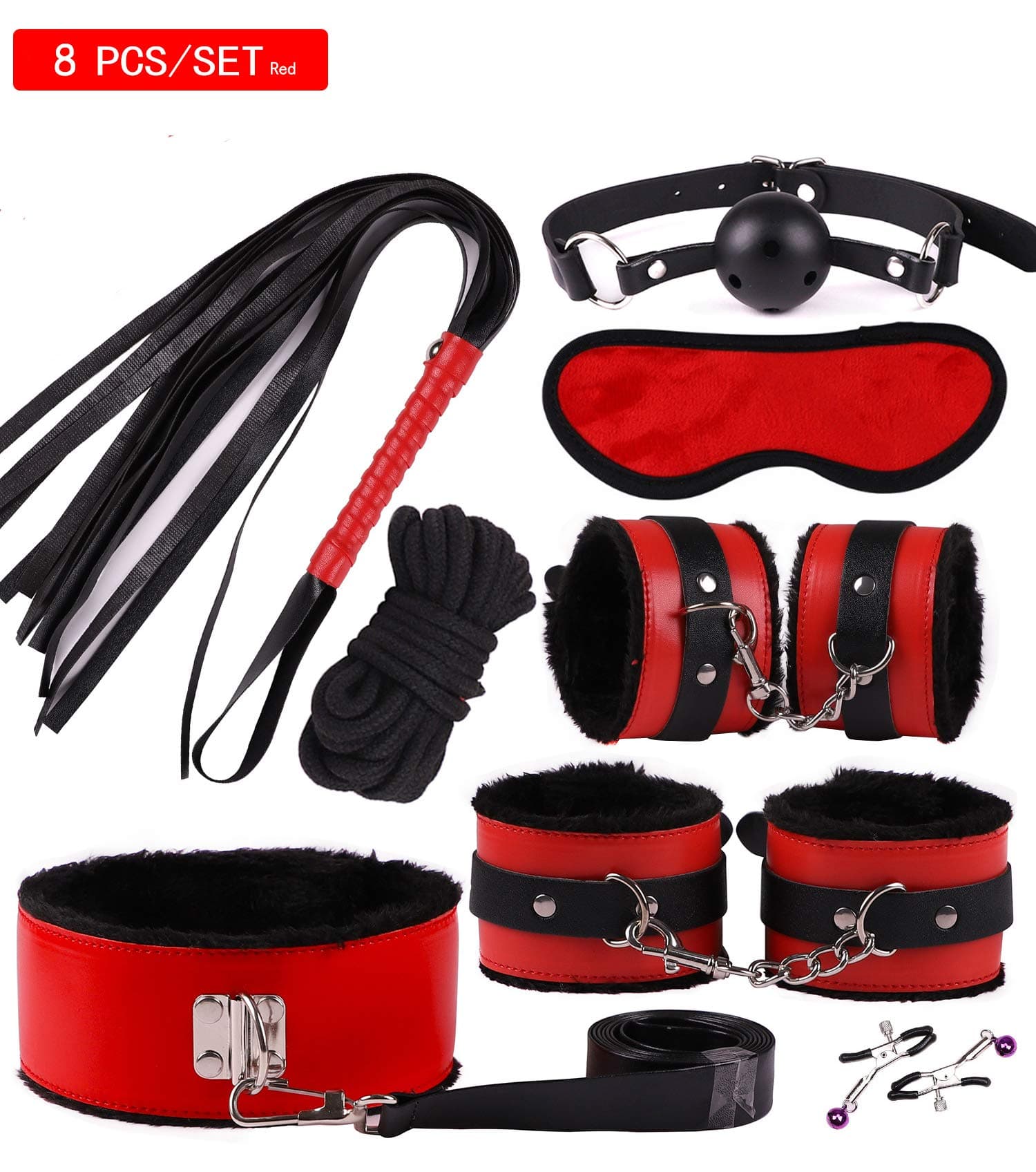 8 Pcs/Set New Plush Nylon Leather Kit Alternative Special Bundled Binding Set, Yoga Nylon Leather Suit Bundle Leg Ankles and Wrists for Men and Women Passionate Moments (Black-Red)