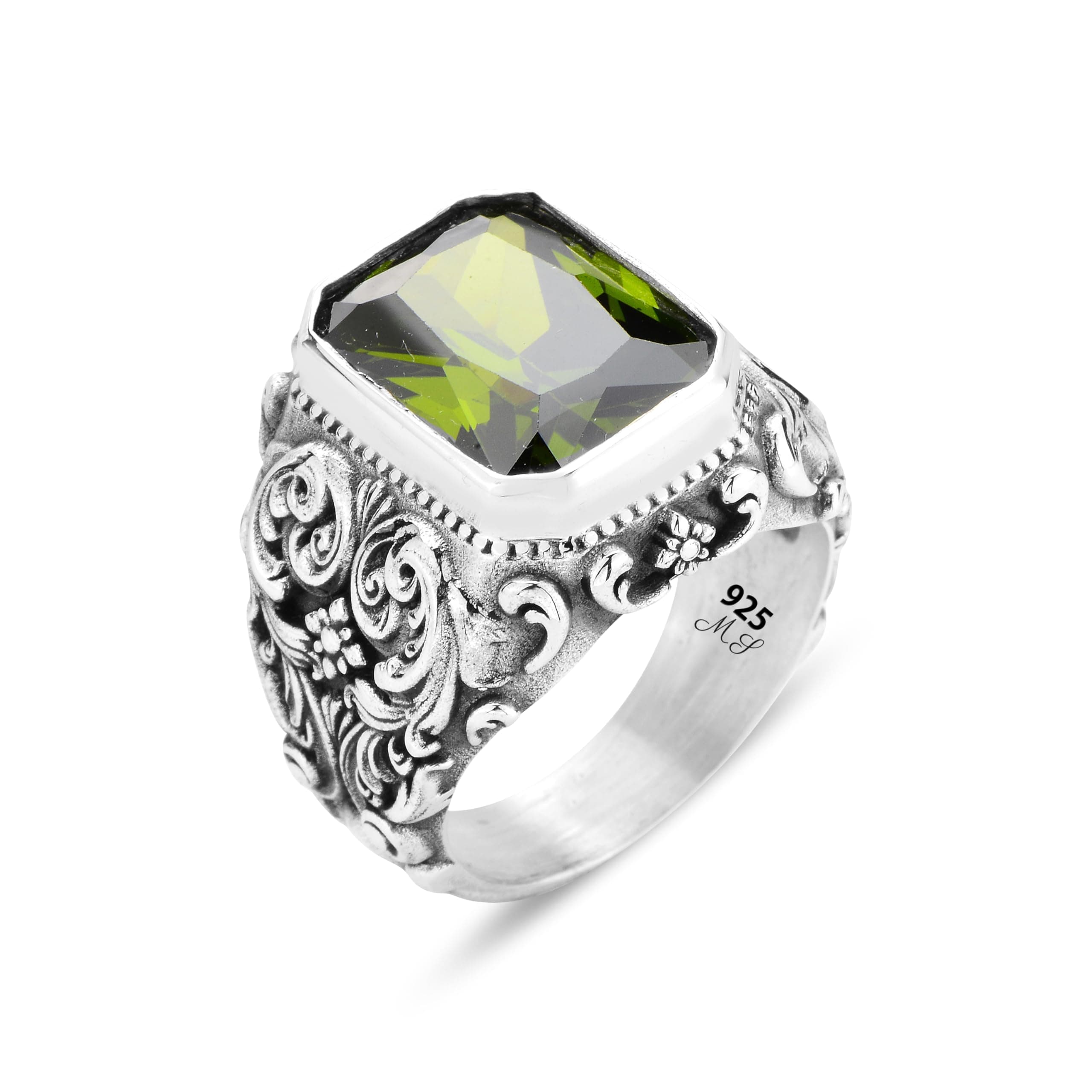 Men Silver Peridot Gemstone Ring, Handmade Engraved Men Ring, Ottoman Men's Ring, Green Peridot Signet Ring, 925k Silver
