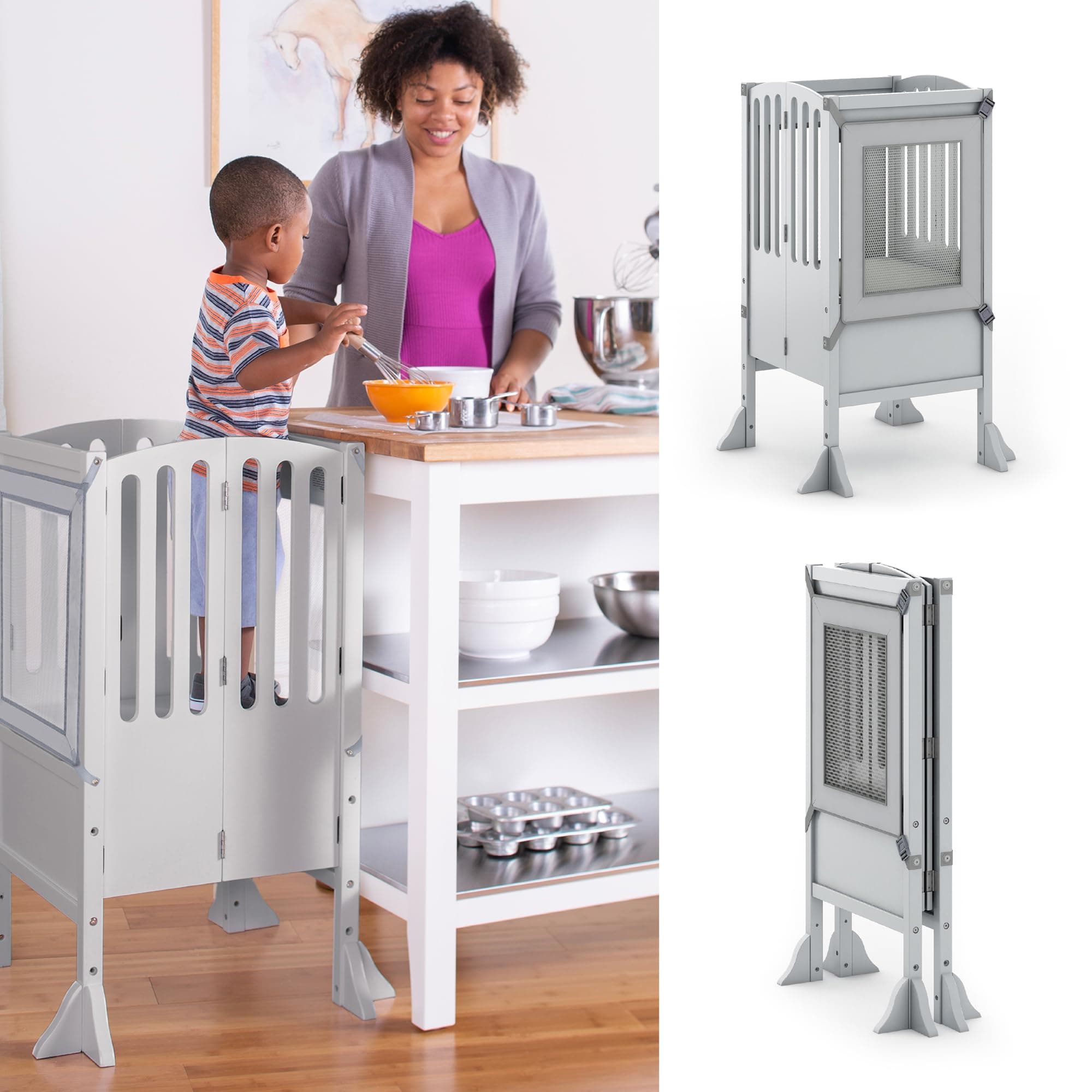 Guidecraft Contemporary Kitchen Helper® Stool and 2 Keepers - Gray: Folding, Adjustable Height, Wooden Cooking Step Stool for Toddlers | Little Kids Montessori Learning Furniture