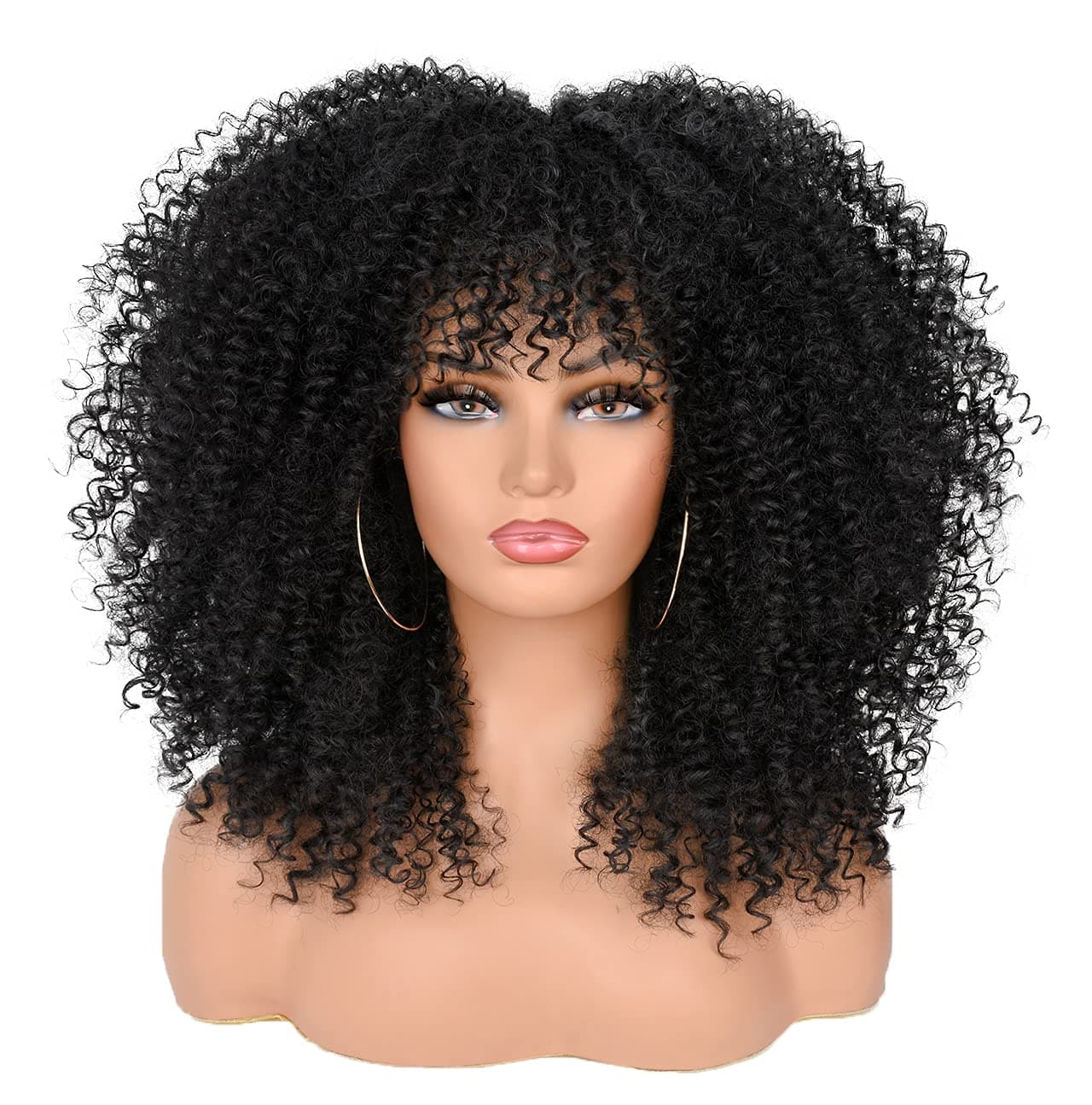ANNISOUL Curly Wigs for Black Women Afro Bomb Curly Wig with Bangs Synthetic Fiber Glueless Long Kinky Curly Hair Black 16inch