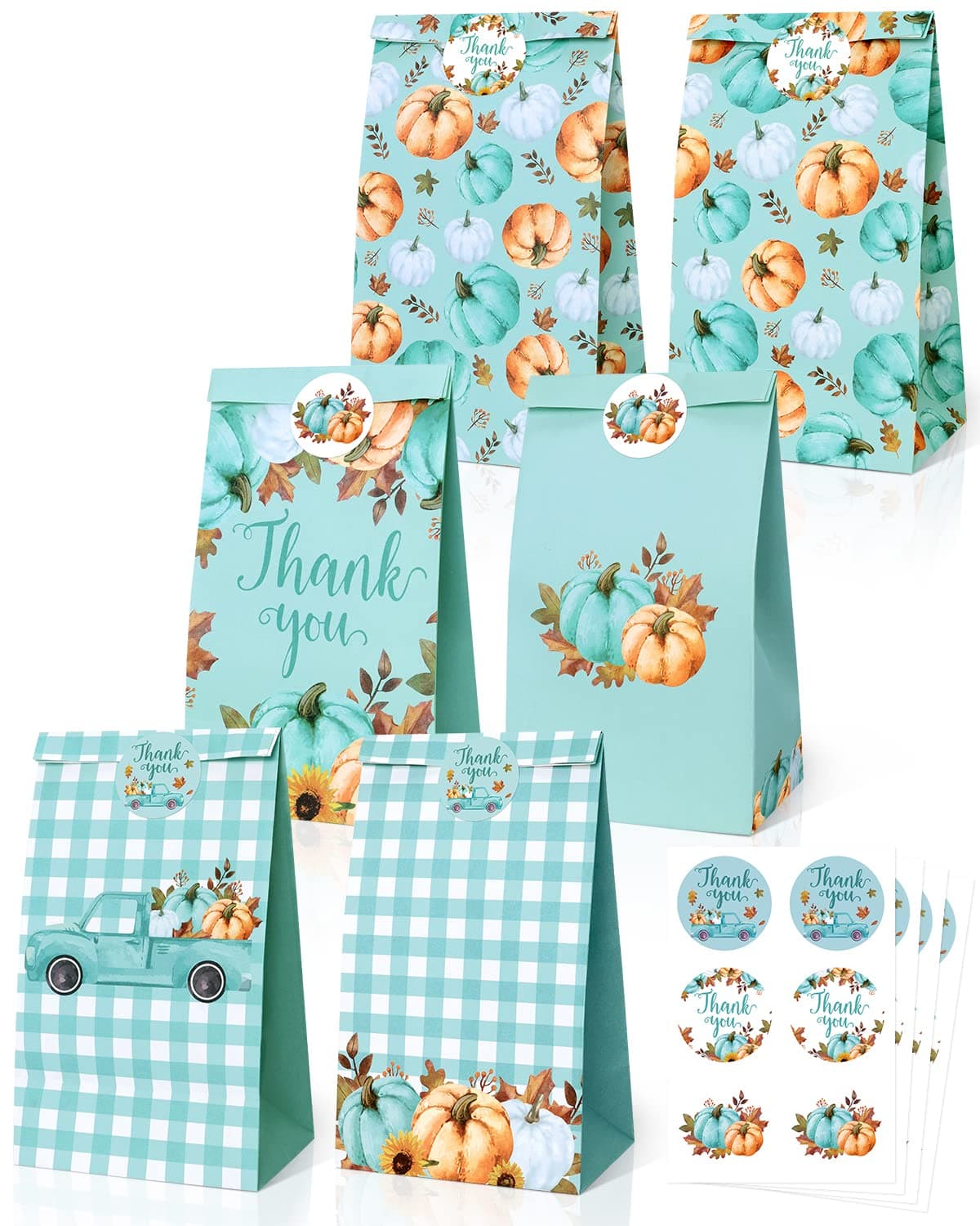 Little Pumpkin Party Favor Bags - Fall & Thanksgiving Goodie Bags with Thank You Stickers, Set of 24