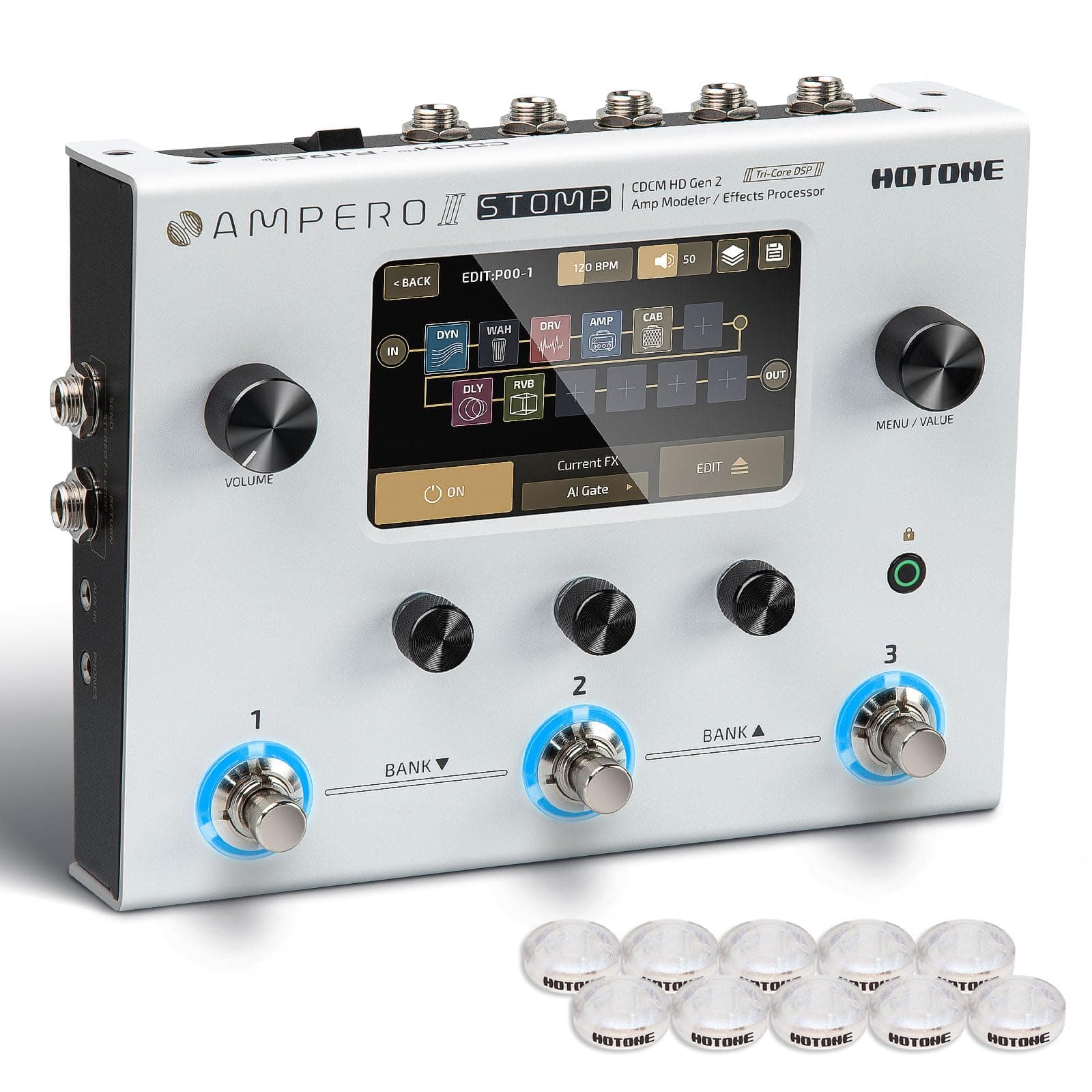 - HOTONE Guitar Multi Effects Processor Multi Effects Pedal Touch Screen Guitar Bass Amp Modeling IR Cabinets Simulation Multi FX Processor (Include 10 PCS Additional Footswitch Toppers)