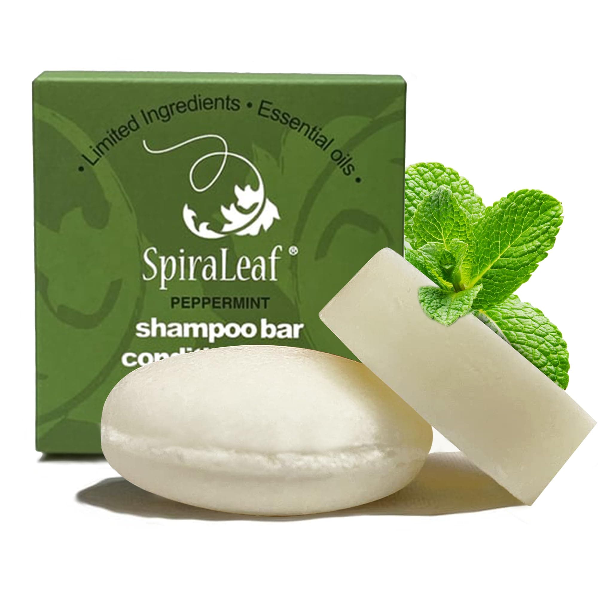 SPIRALEAF Solid Shampoo Bar & Conditioner Bar Set, PEPPERMINT Essential Oil, Limited Ingredients, Concentrated Formula, Fragrance-Free, Dye-Free, Premium Hair Care and Shave Bars[Amazon-developed Certification] Compact by Design