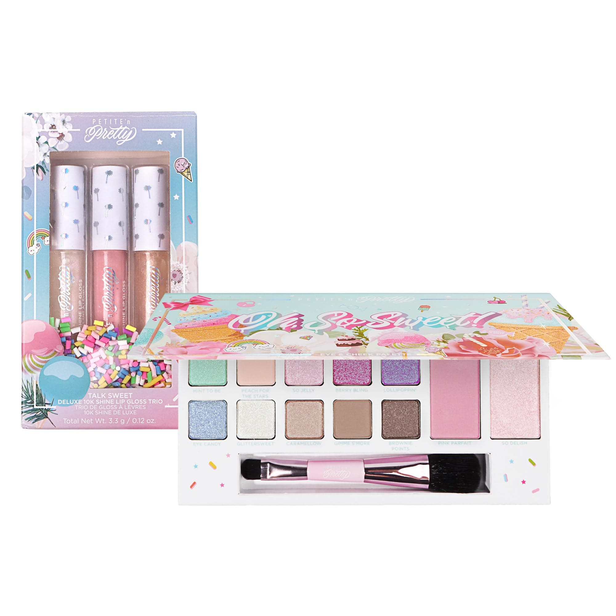 Petite n' Pretty Sugar Coated Glow Makeup Set | Lip Gloss Trio, Eye & Cheek Palette Makeup Kit | Non-Toxic, Natural Makeup for Children, Tweens and Teens | Made in The USA