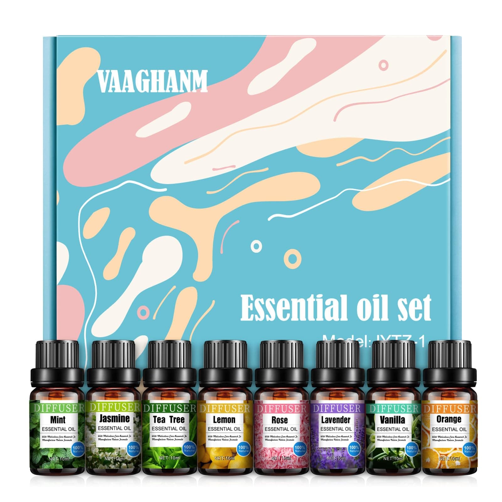 Essential Oils for Diffusers for Home, VAAGHANM 8x10ML Aromatherapy Oils Set-Tea Tree,Mint,Jasmine,Vanilla,Lemon,Rose,Orange and Lavender Essential Oils for Humidifier,Diffusers,Home